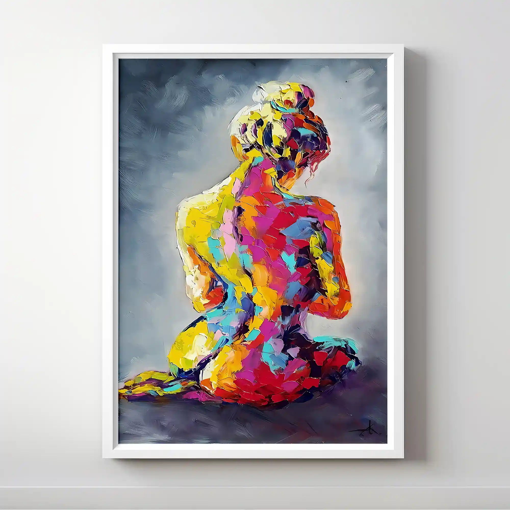 Abstract painting of vibrant figures in motion.