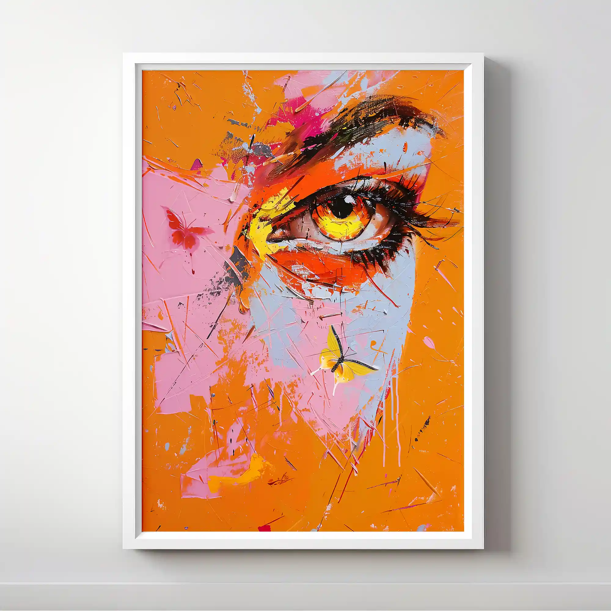 Abstract portrait with a vibrant eye and bold colors.