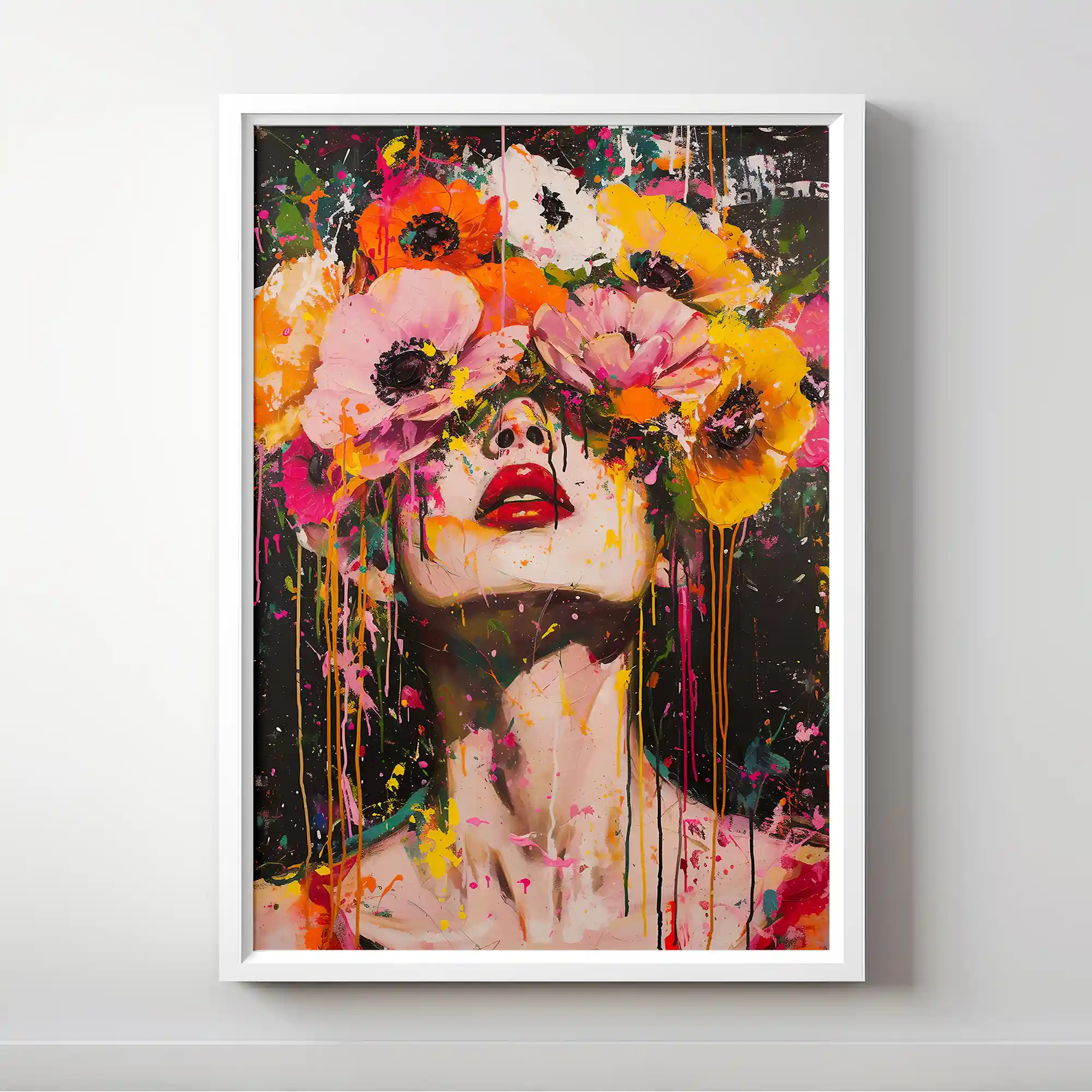 Abstract portrait with floral elements and vibrant colors.