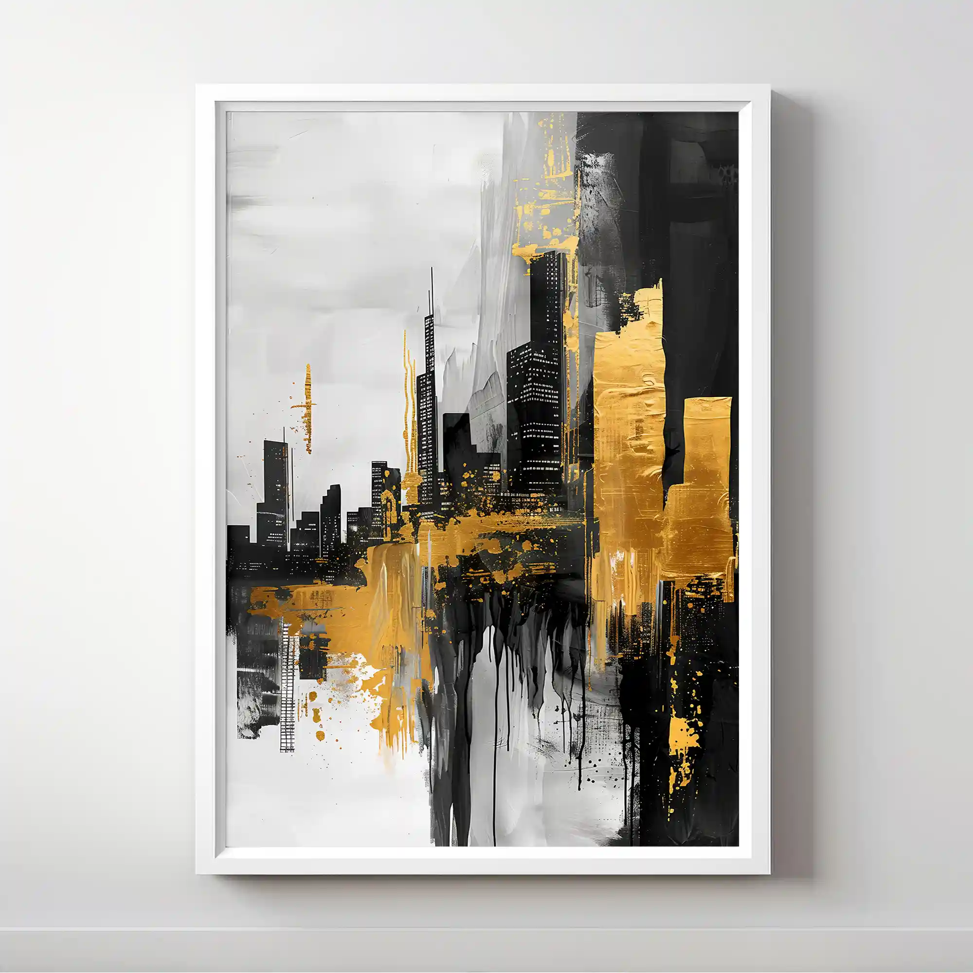 Abstract cityscape with bold black and gold elements.