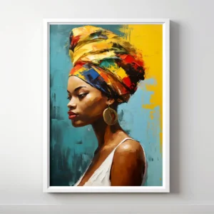 Abstract portrait of a woman with a colorful headwrap.