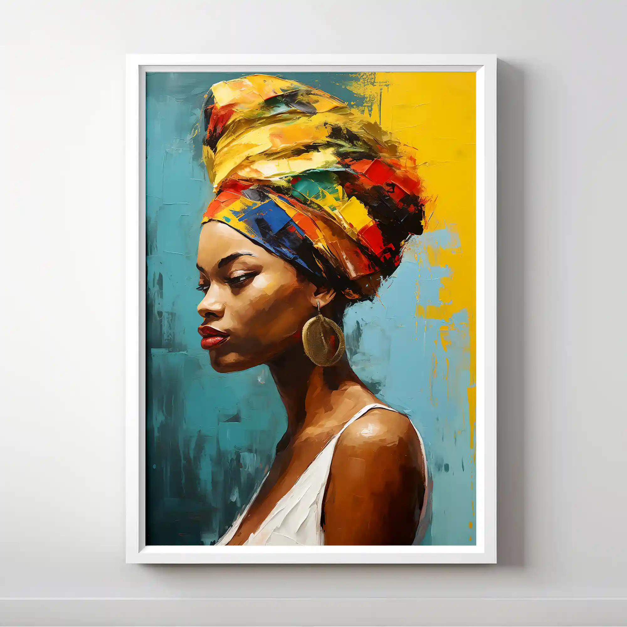 Abstract portrait of a woman with a colorful headwrap.