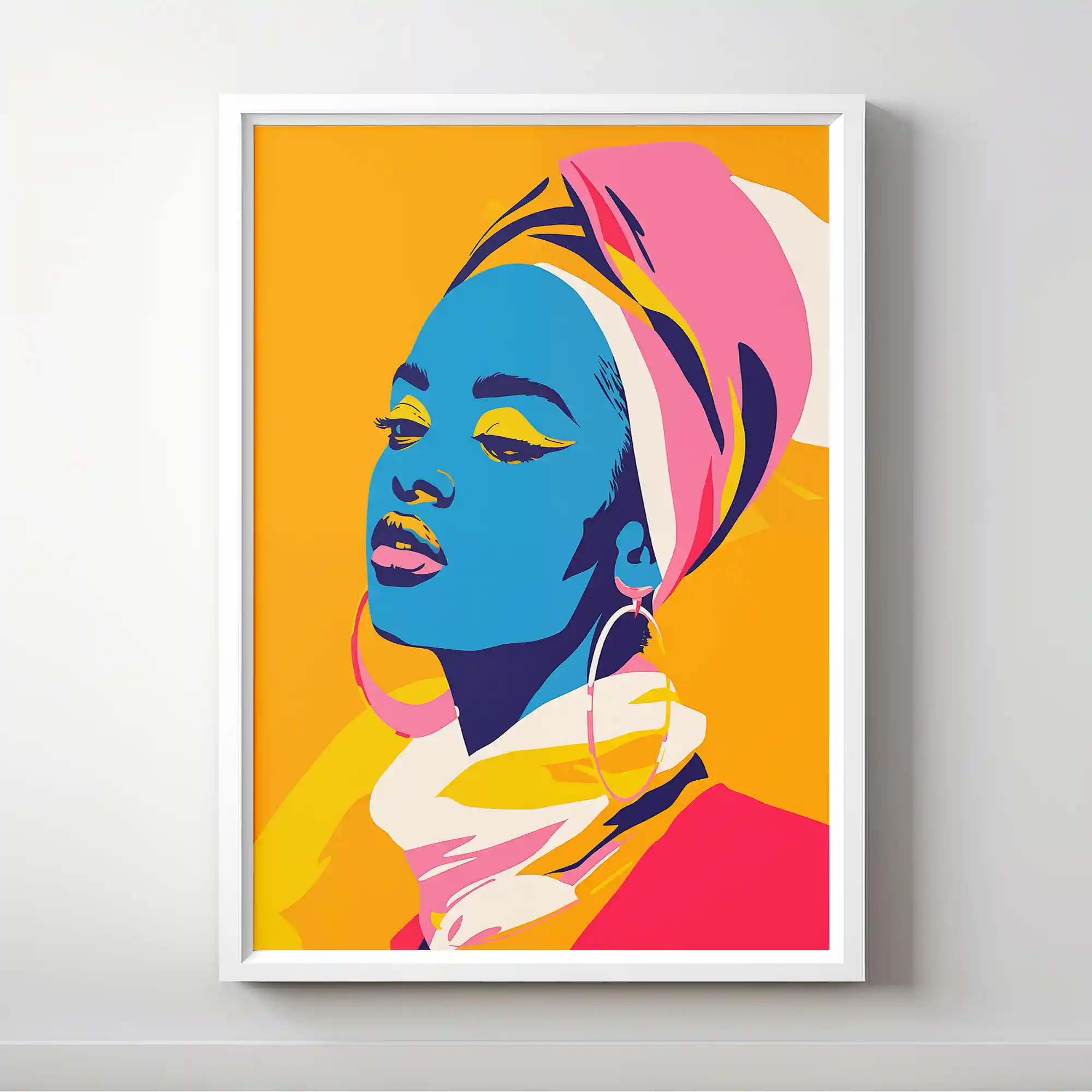 Vibrant abstract portrait of a woman with a headwrap.