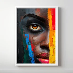 Abstract portrait with a blend of colors and intense gaze.