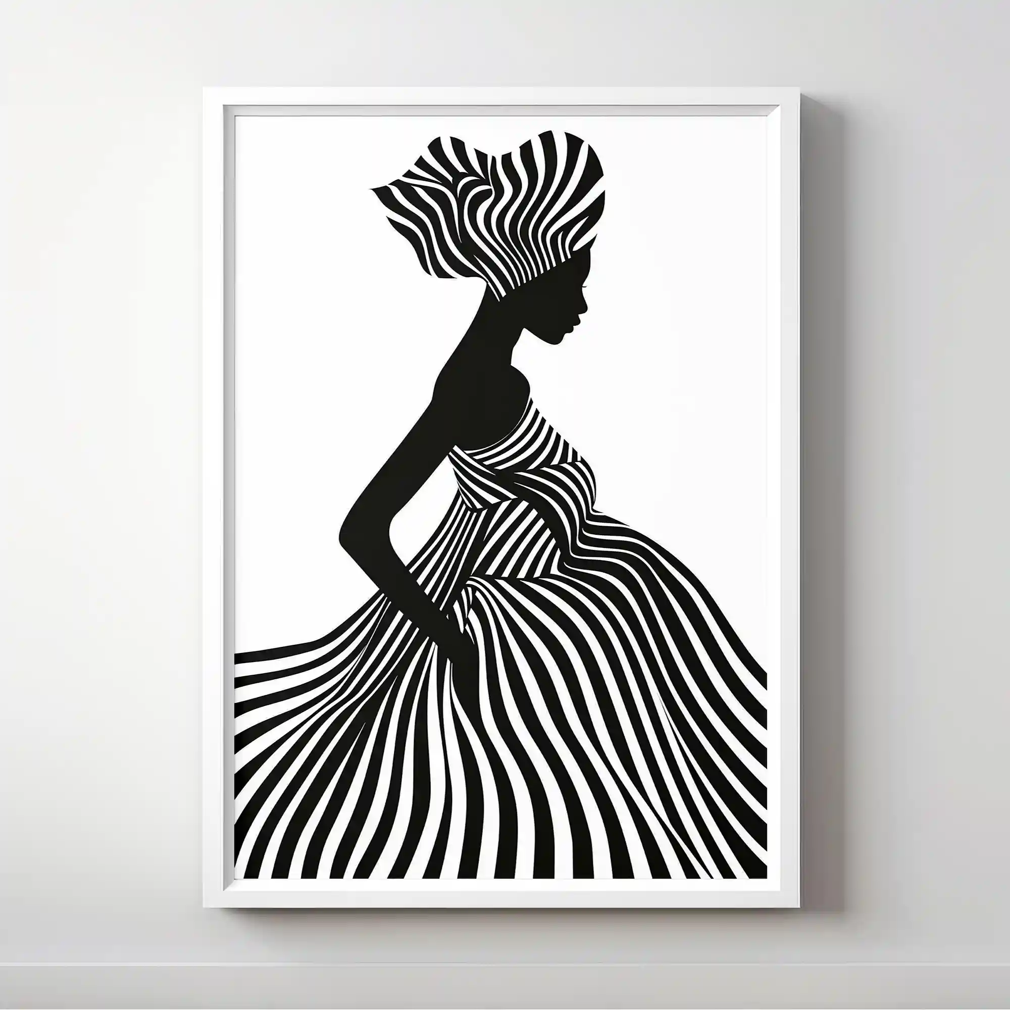 Black and white abstract art of a woman in a flowing dress.