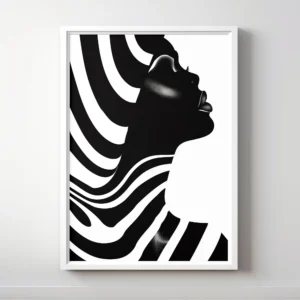 Black and white abstract portrait of a woman with bold lines.