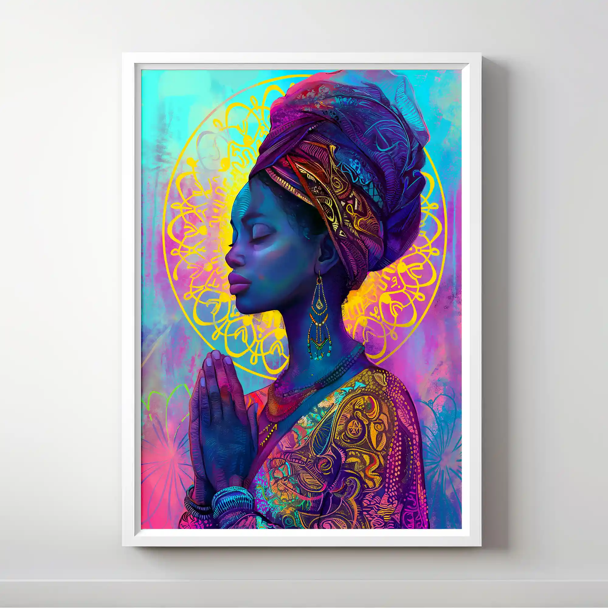 Abstract art of a woman with vibrant colors and a serene expression.