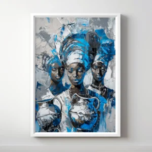 Abstract art of multiple women with headwraps in blue tones.