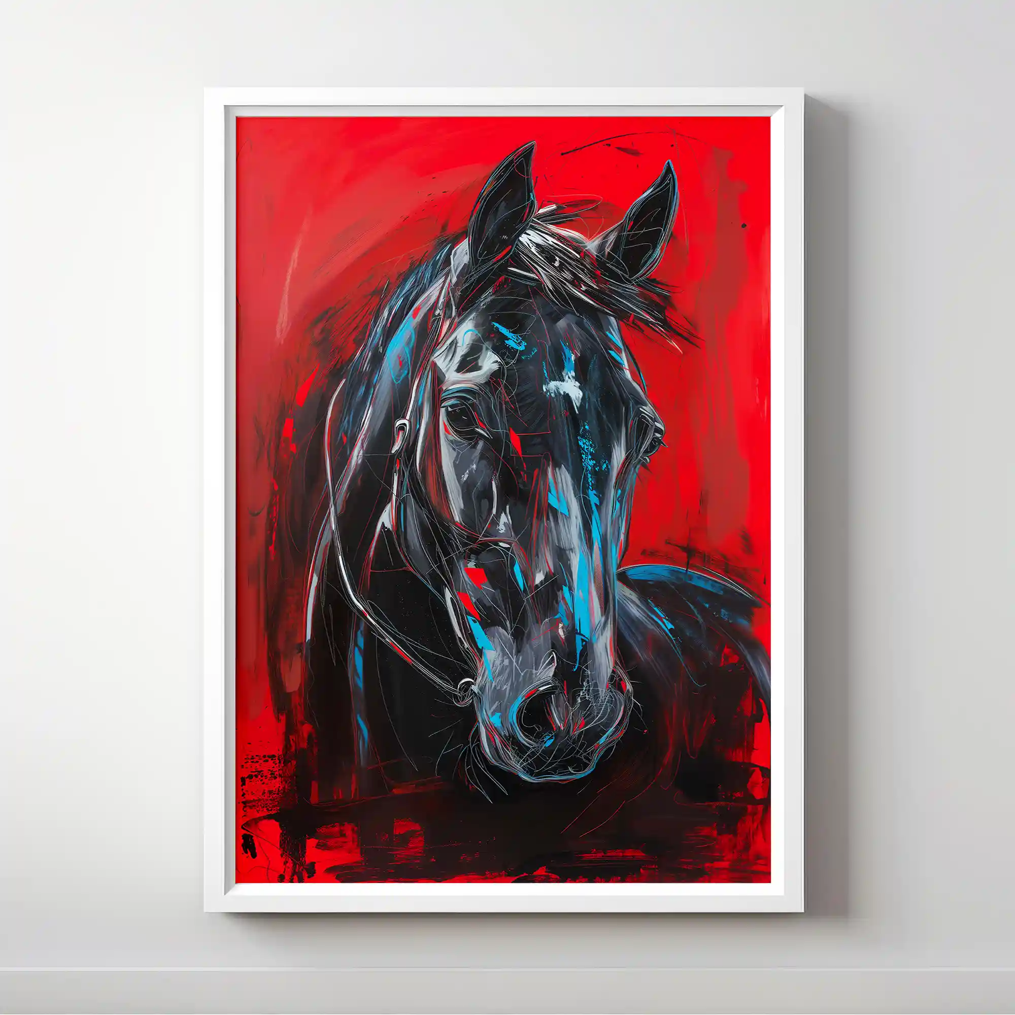 Abstract painting of a black horse.