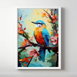 Abstract painting of colorful birds on a branch.