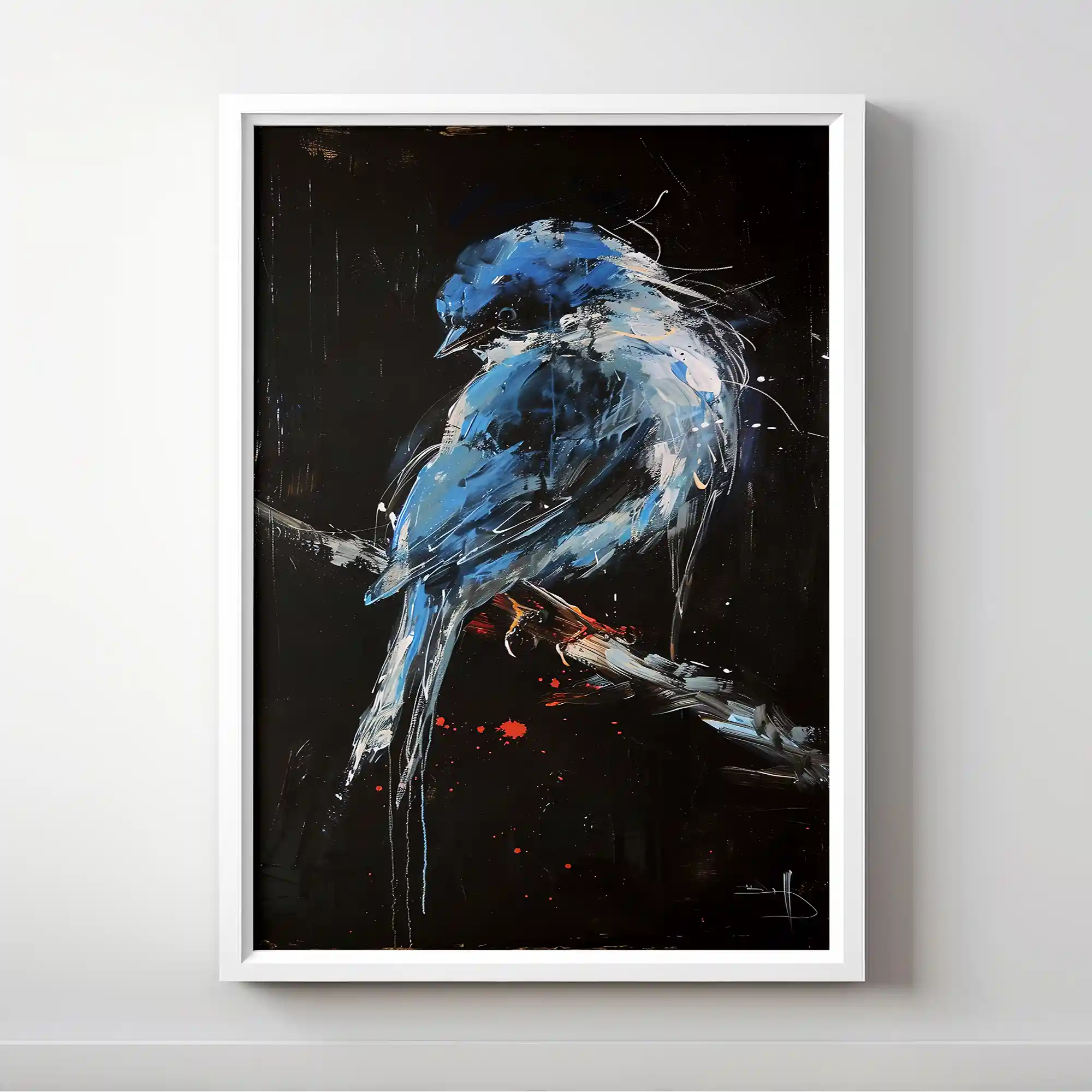 Abstract painting of a blue bird on a branch.