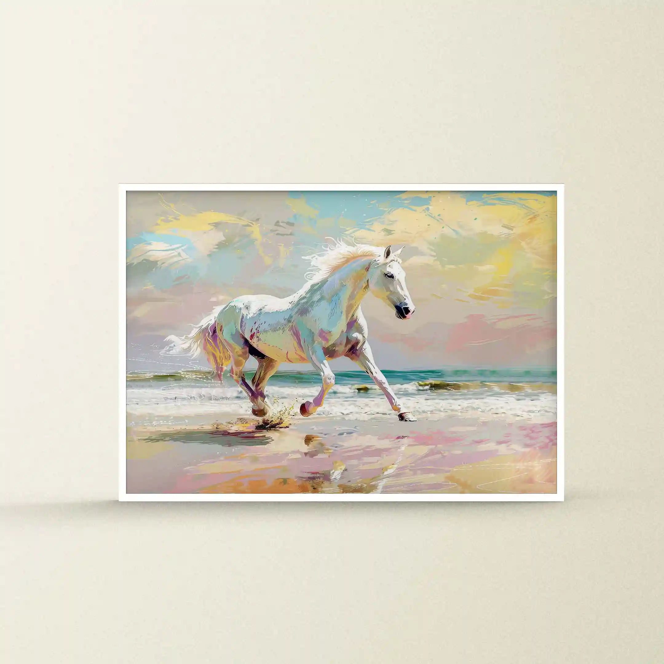 Abstract painting of horses running on a beach.