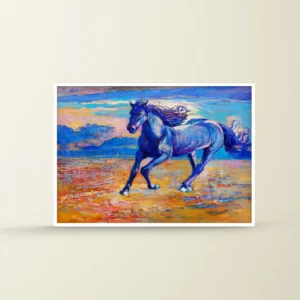 Abstract painting of a blue horse running.