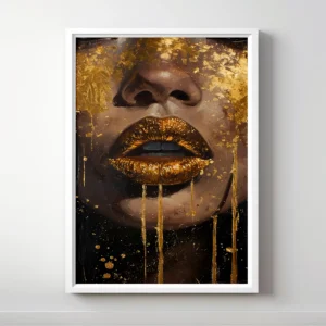 Abstract art of a face with gold accents.