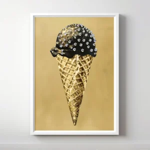 Abstract art of an ice cream cone with gold accents.