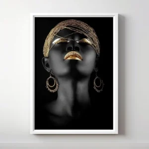 Abstract portrait of a woman with gold earrings and accents.