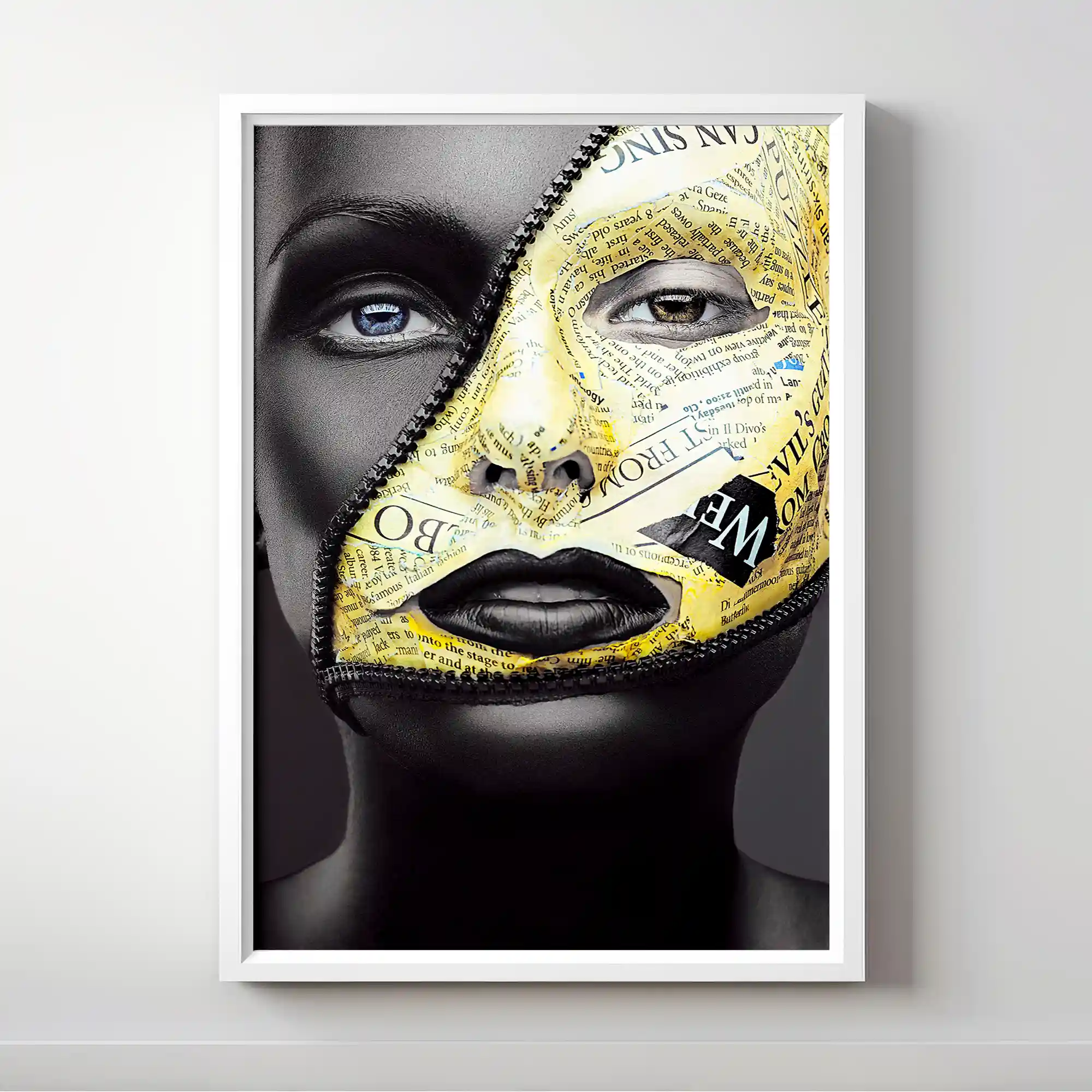 Abstract portrait of a woman with gold and black face paint.