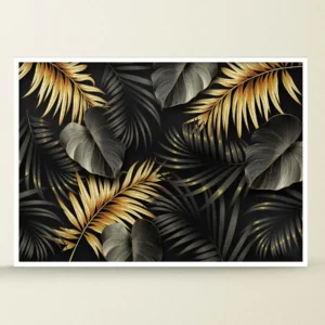 Abstract image of gold leaves on a black background.