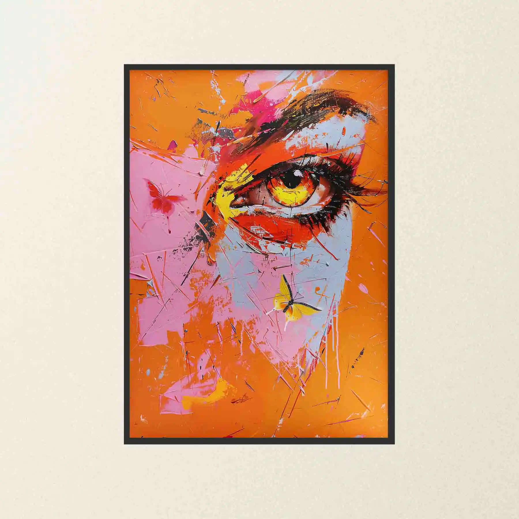 Abstract portrait with a vibrant eye and bold colors.