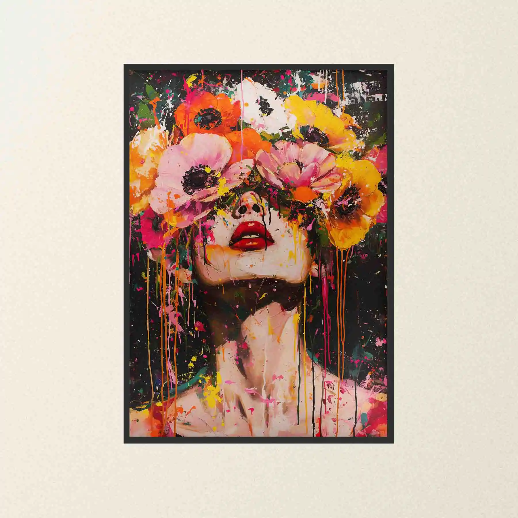 Abstract portrait with floral elements and vibrant colors.