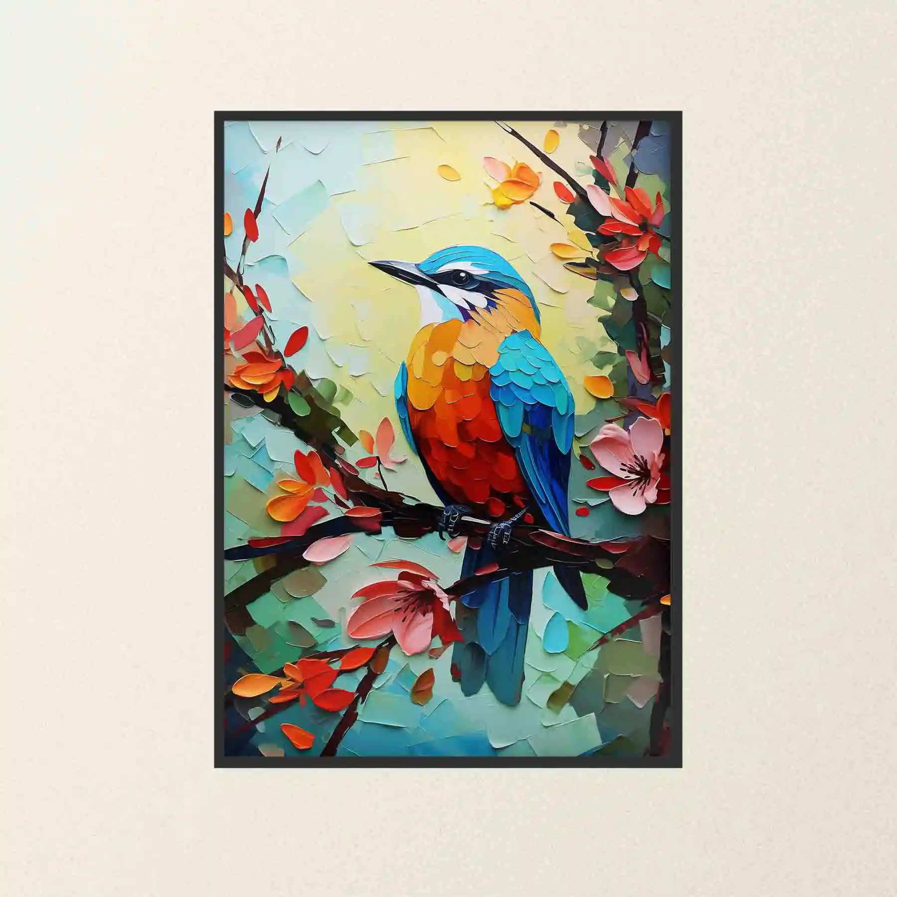 Abstract painting of colorful birds on a branch.