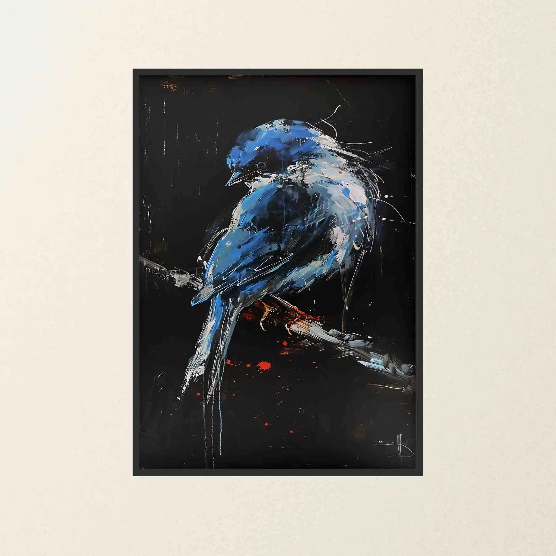 Abstract painting of a blue bird on a branch.