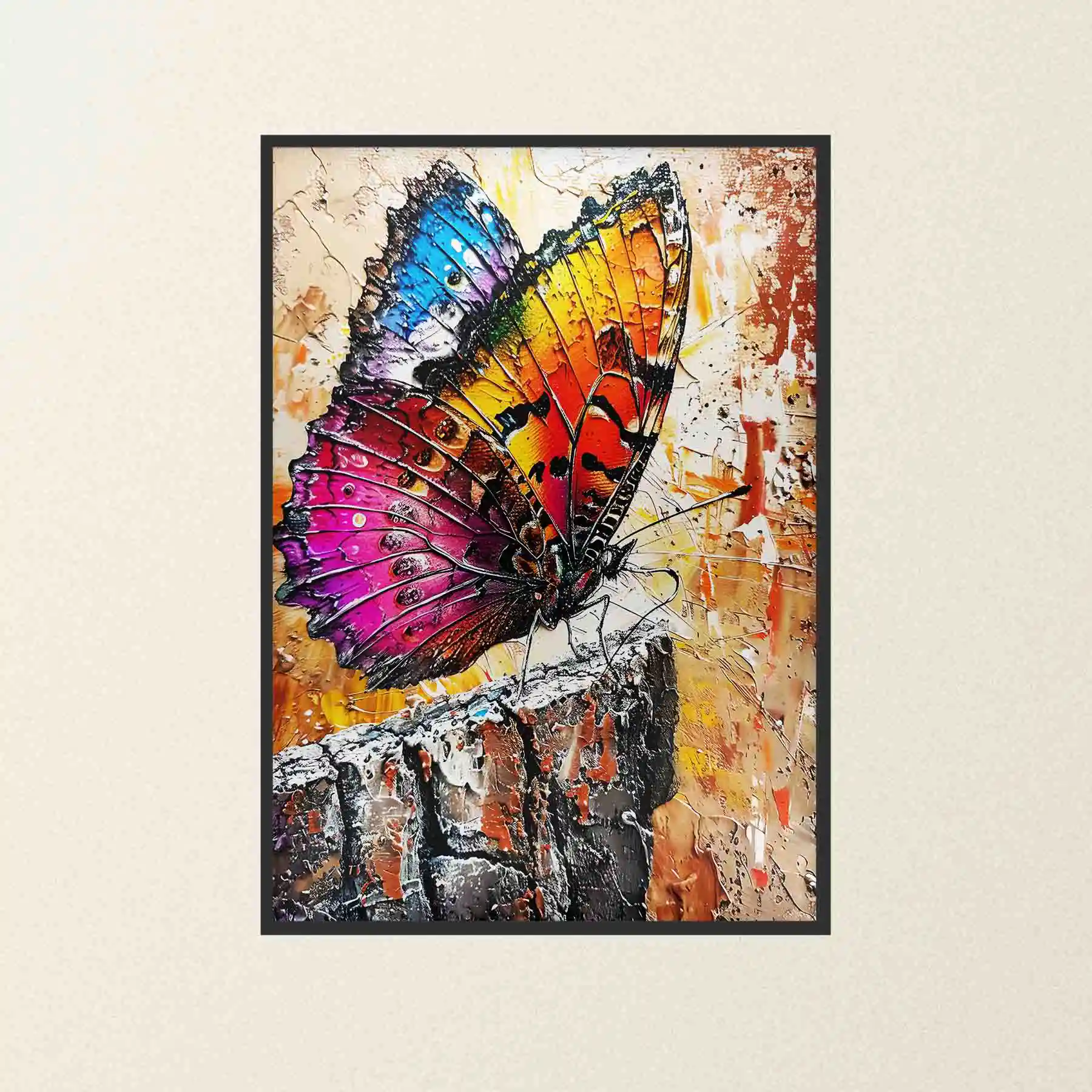 Abstract painting of a colorful butterfly.