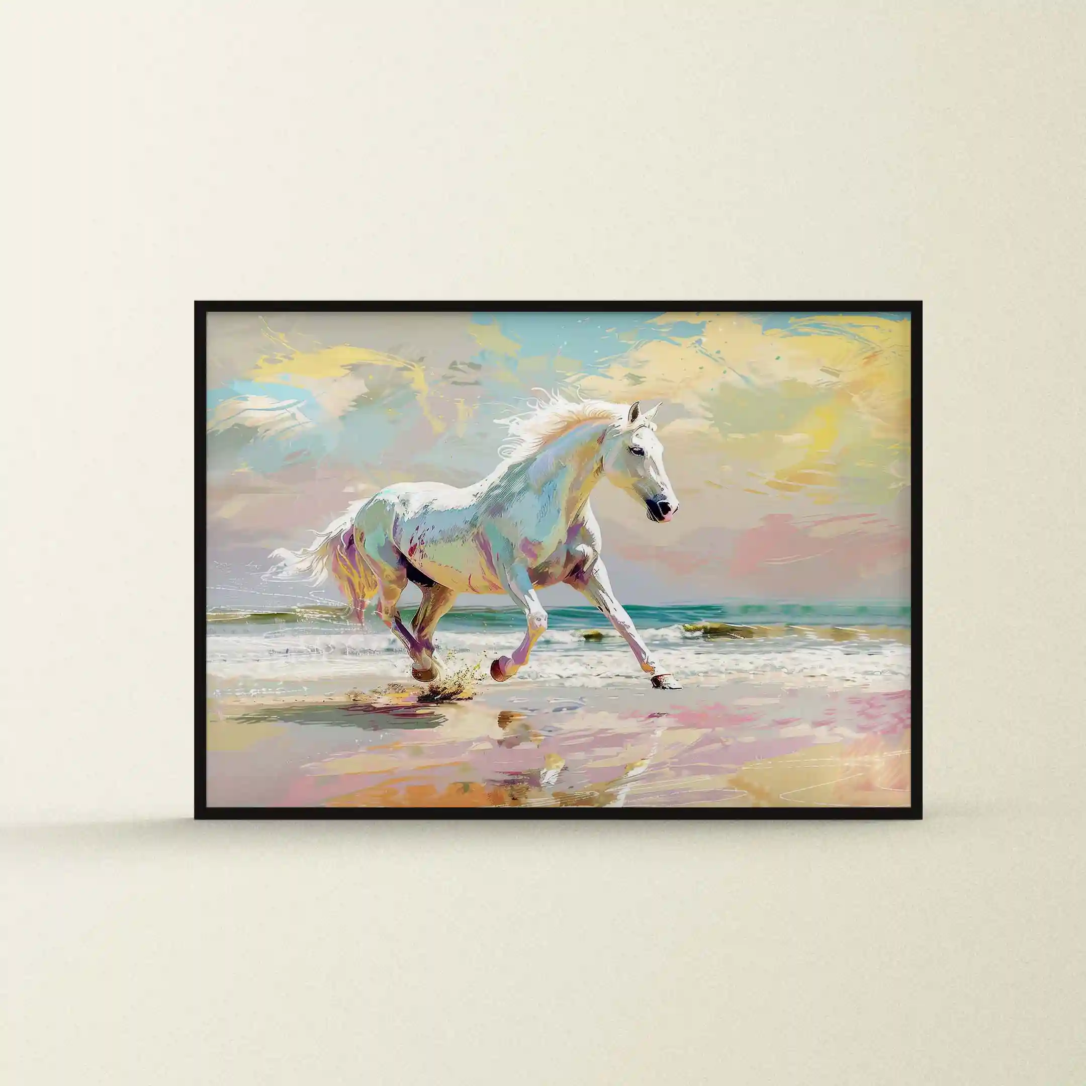 Abstract painting of horses running on a beach.