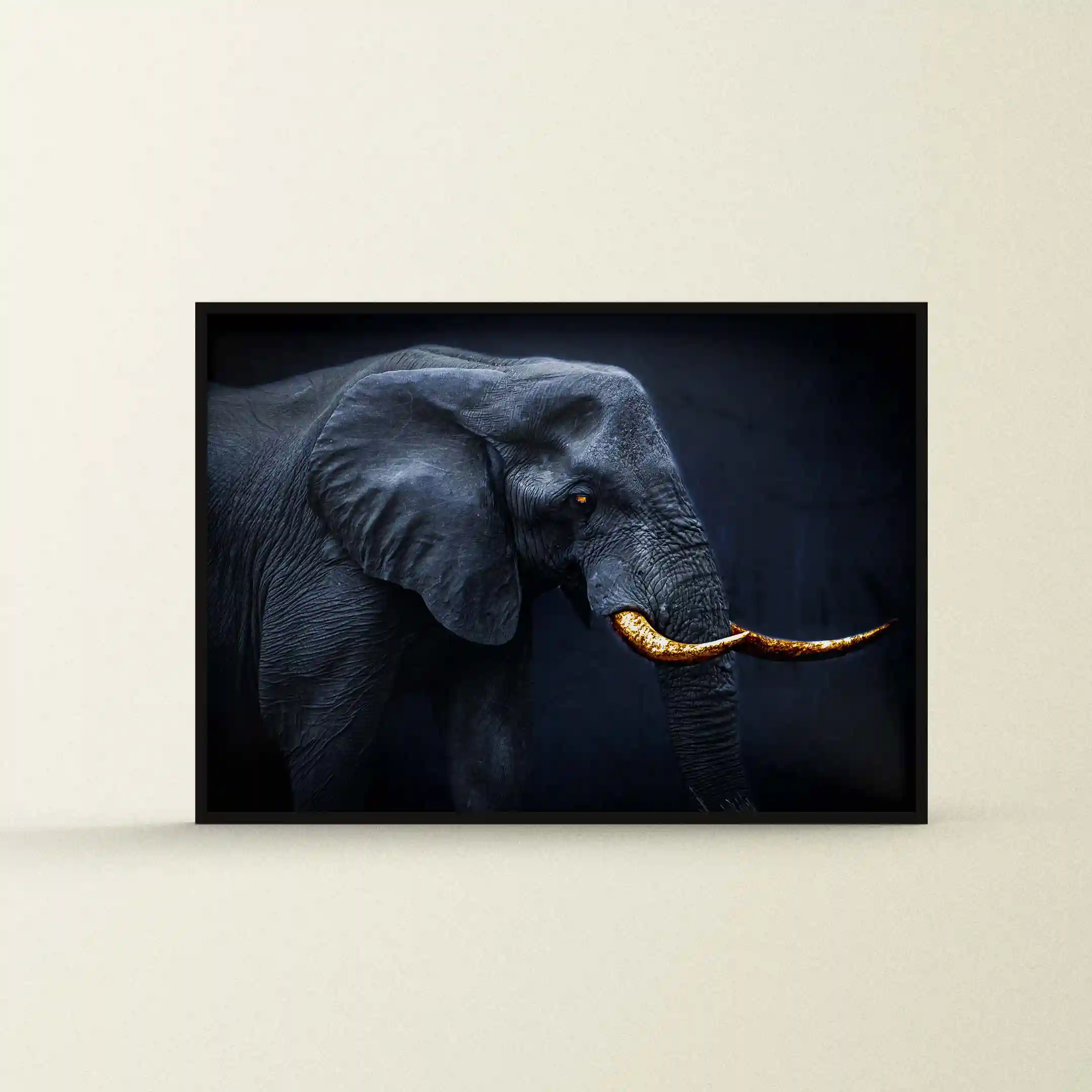 Abstract painting of an elephant with a dark background.