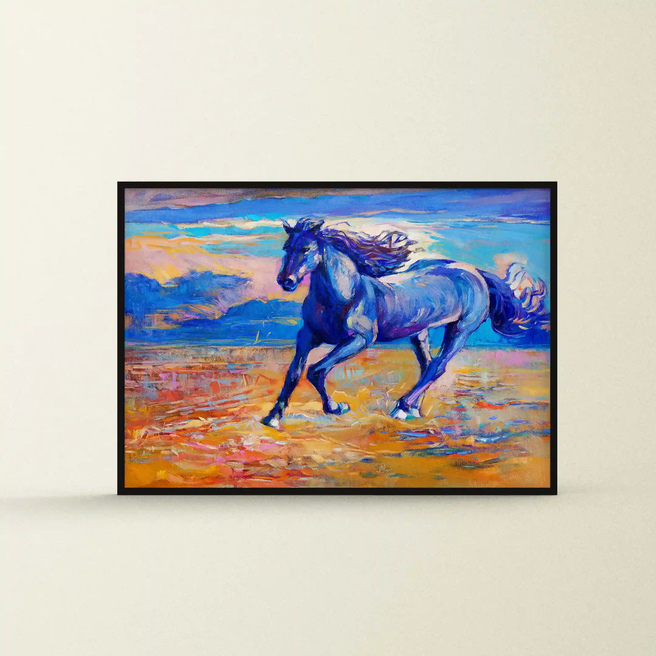 Abstract painting of a blue horse running.