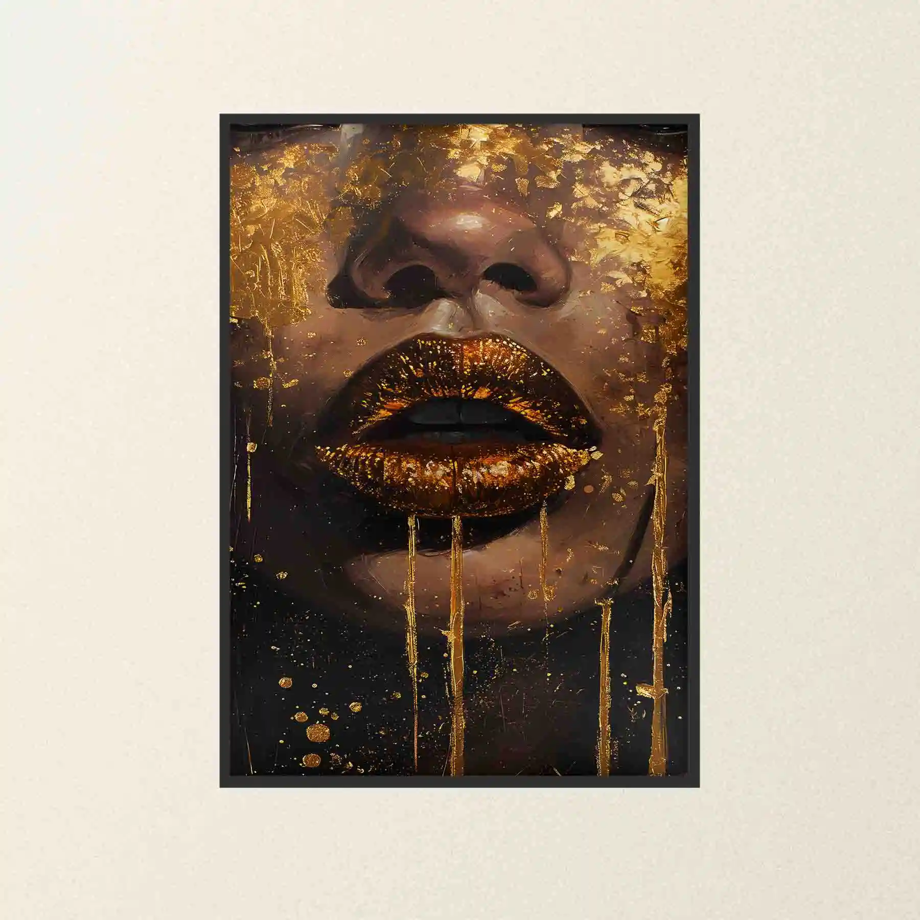 Abstract art of a face with gold accents.