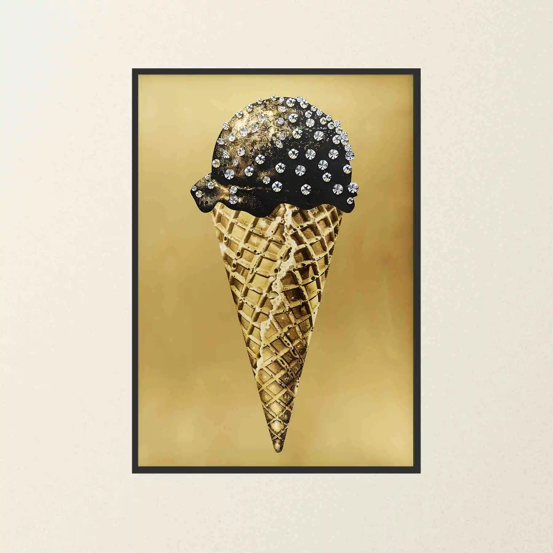 Abstract art of an ice cream cone with gold accents.