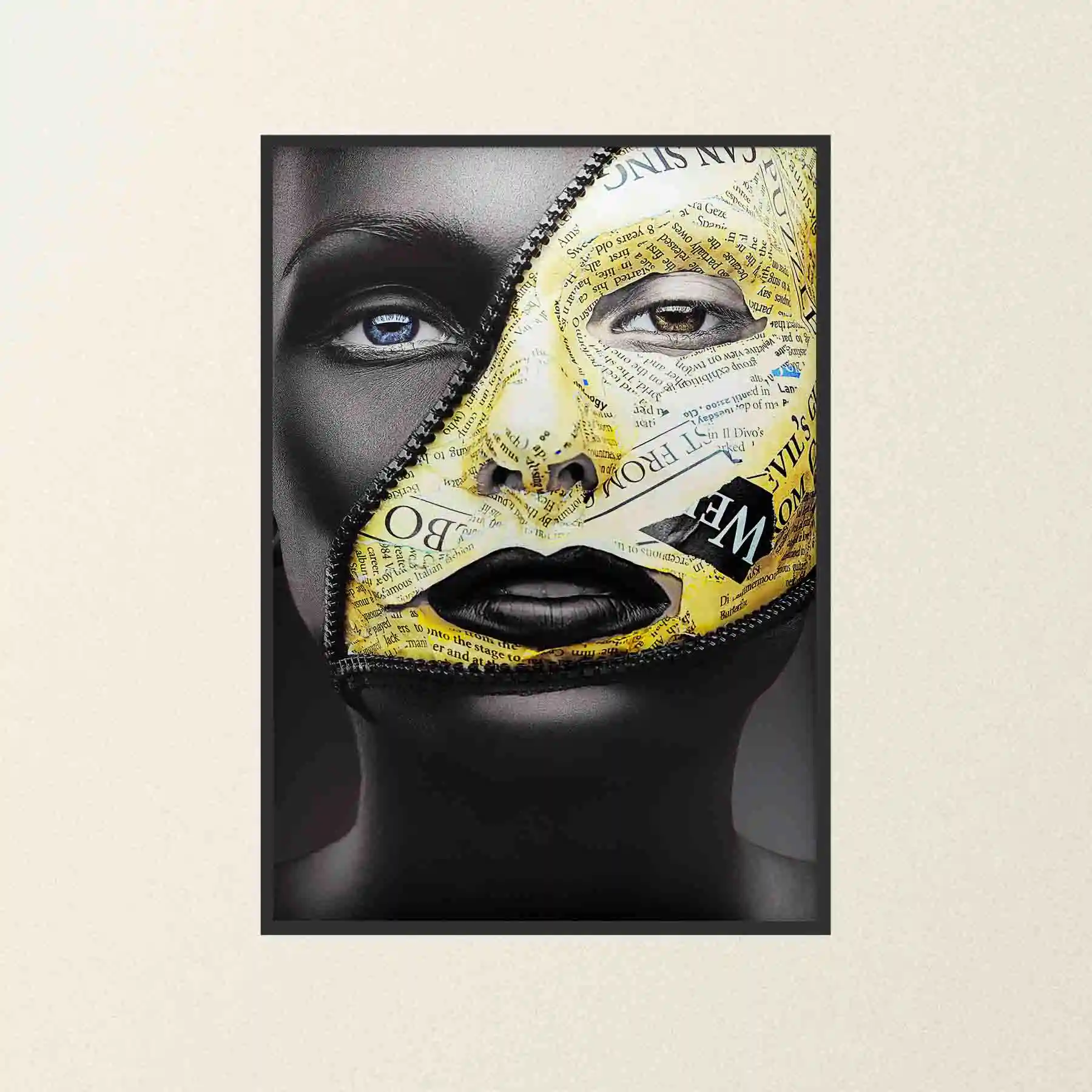 Abstract portrait of a woman with gold and black face paint.