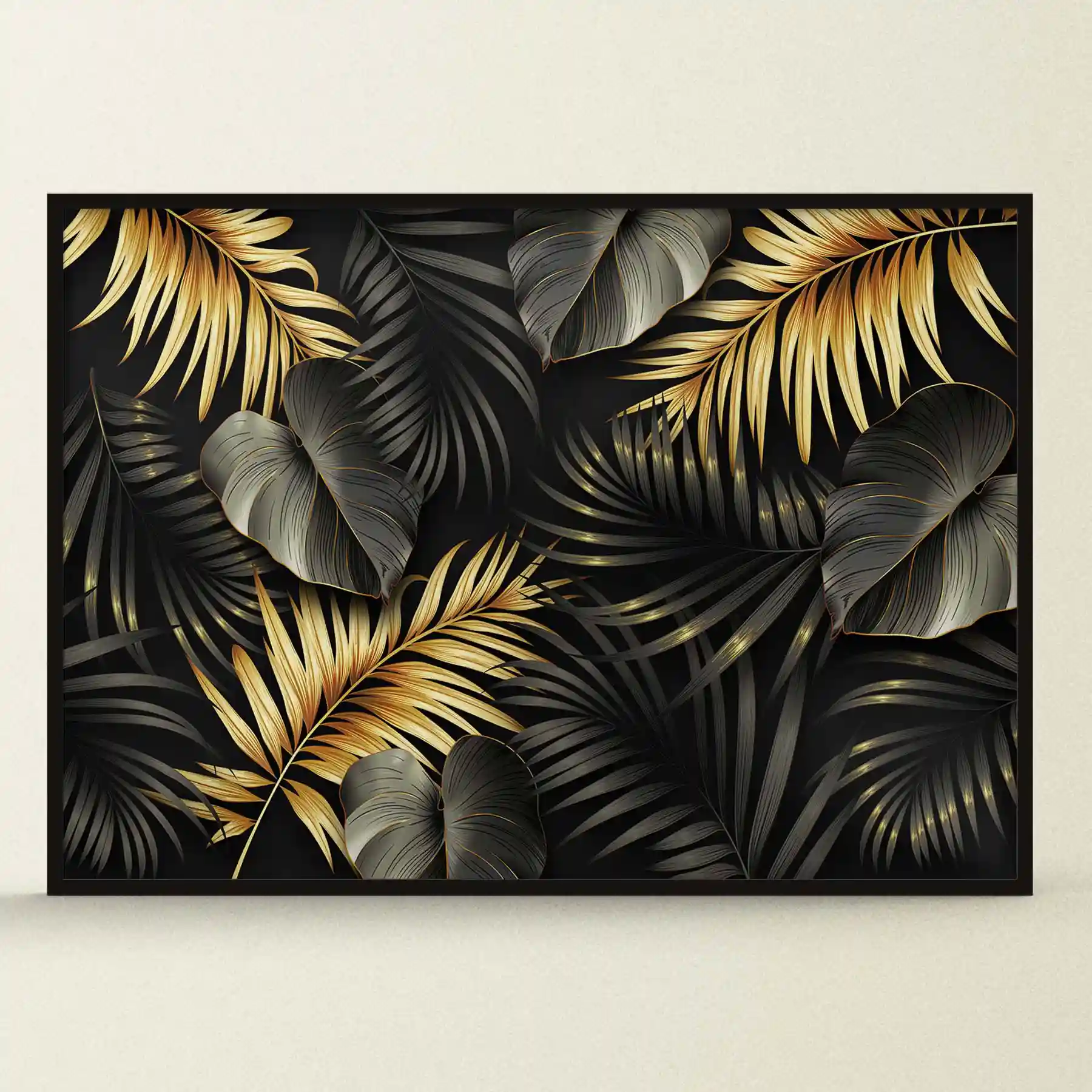 Abstract image of gold leaves on a black background.