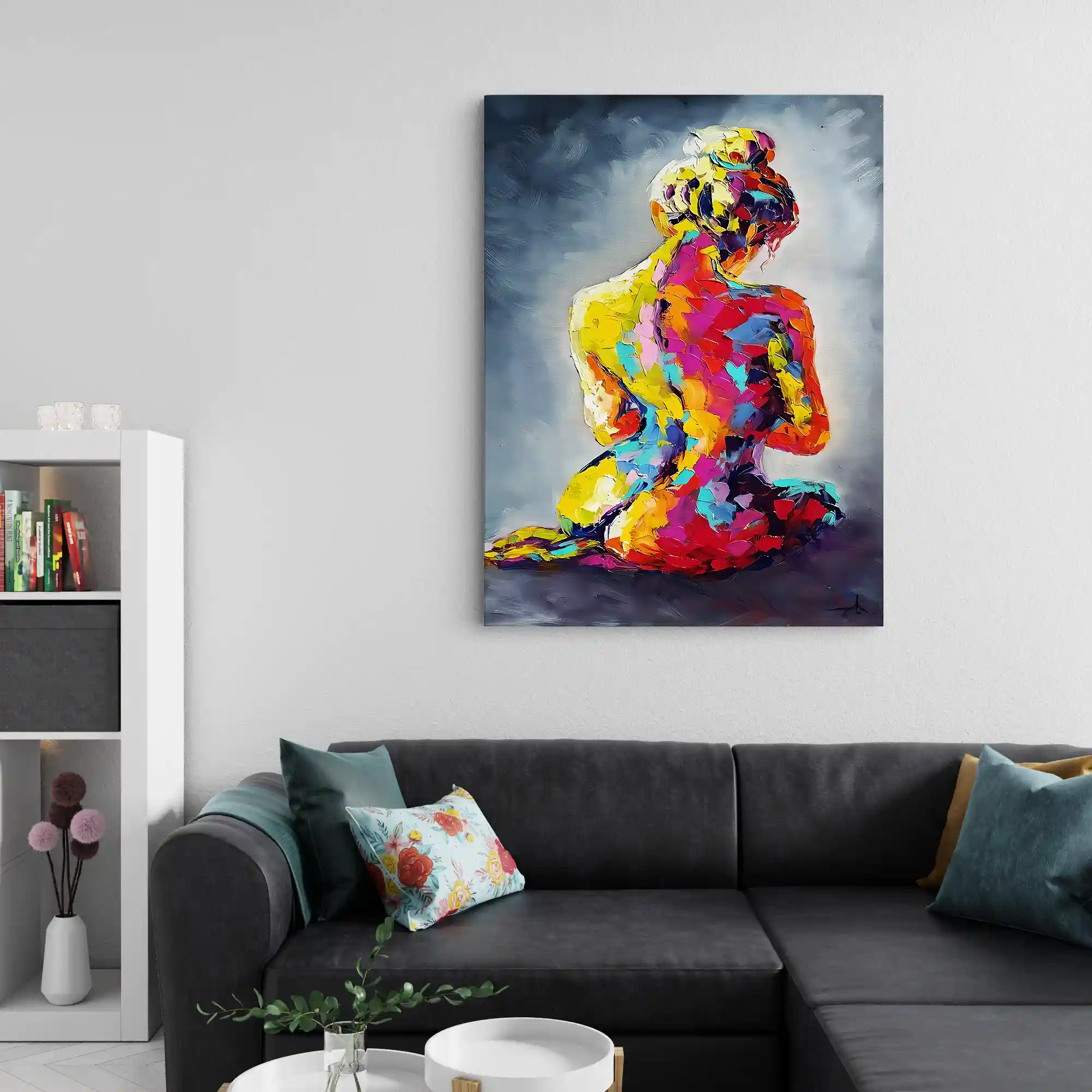 Abstract painting of vibrant figures in motion.