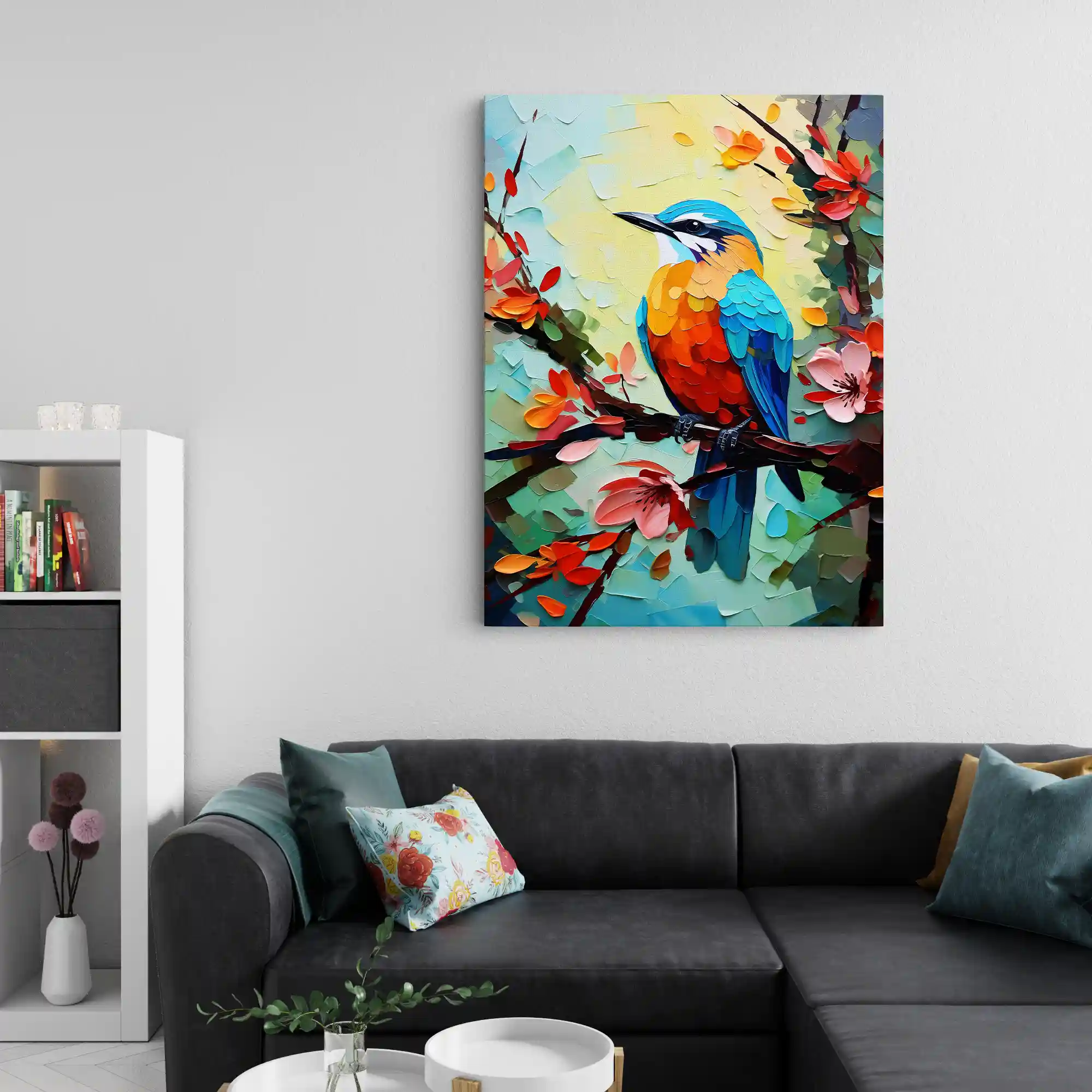 Abstract painting of colorful birds on a branch.