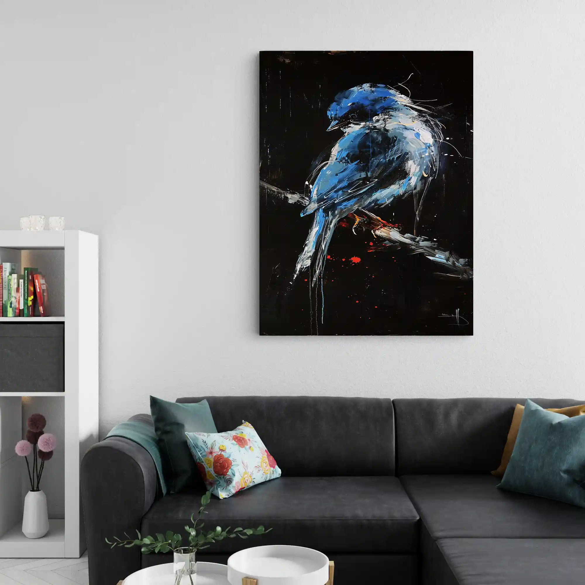 Abstract painting of a blue bird on a branch.