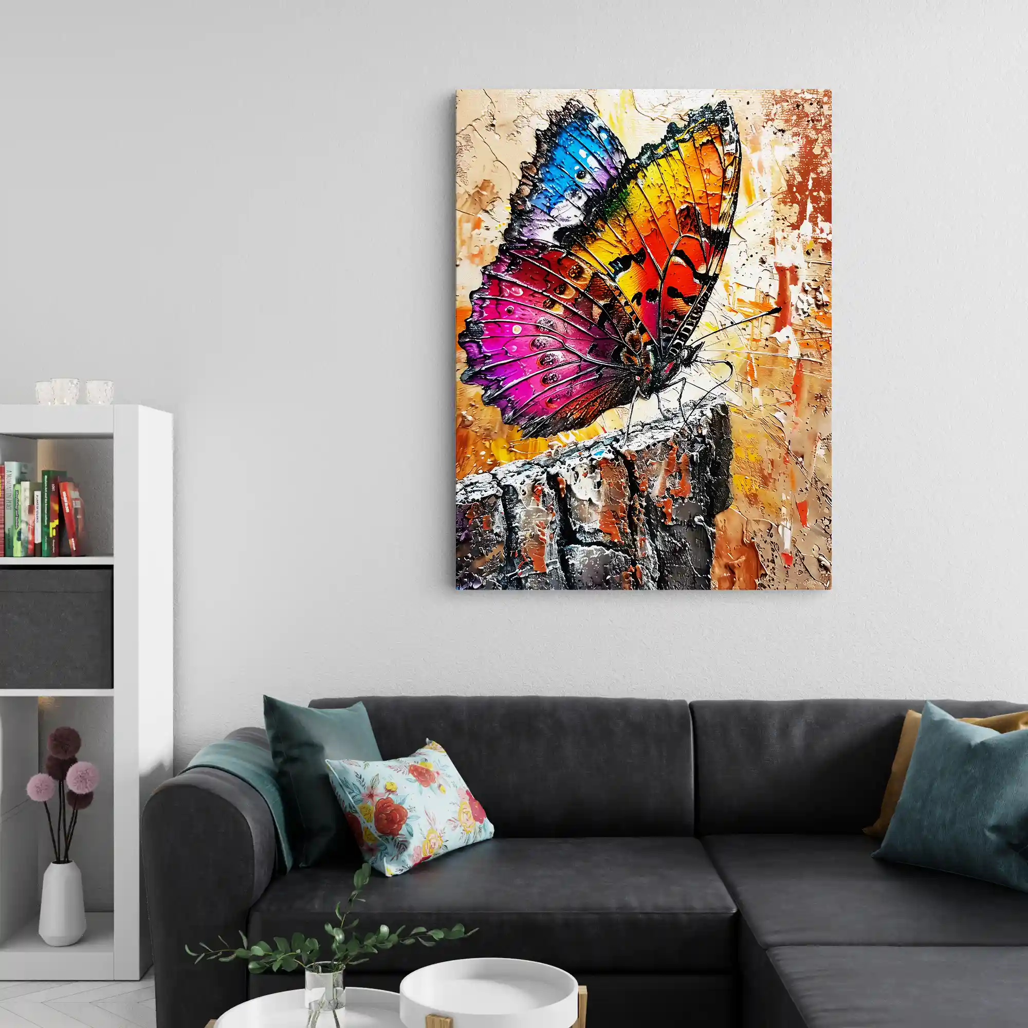 Abstract painting of a colorful butterfly.