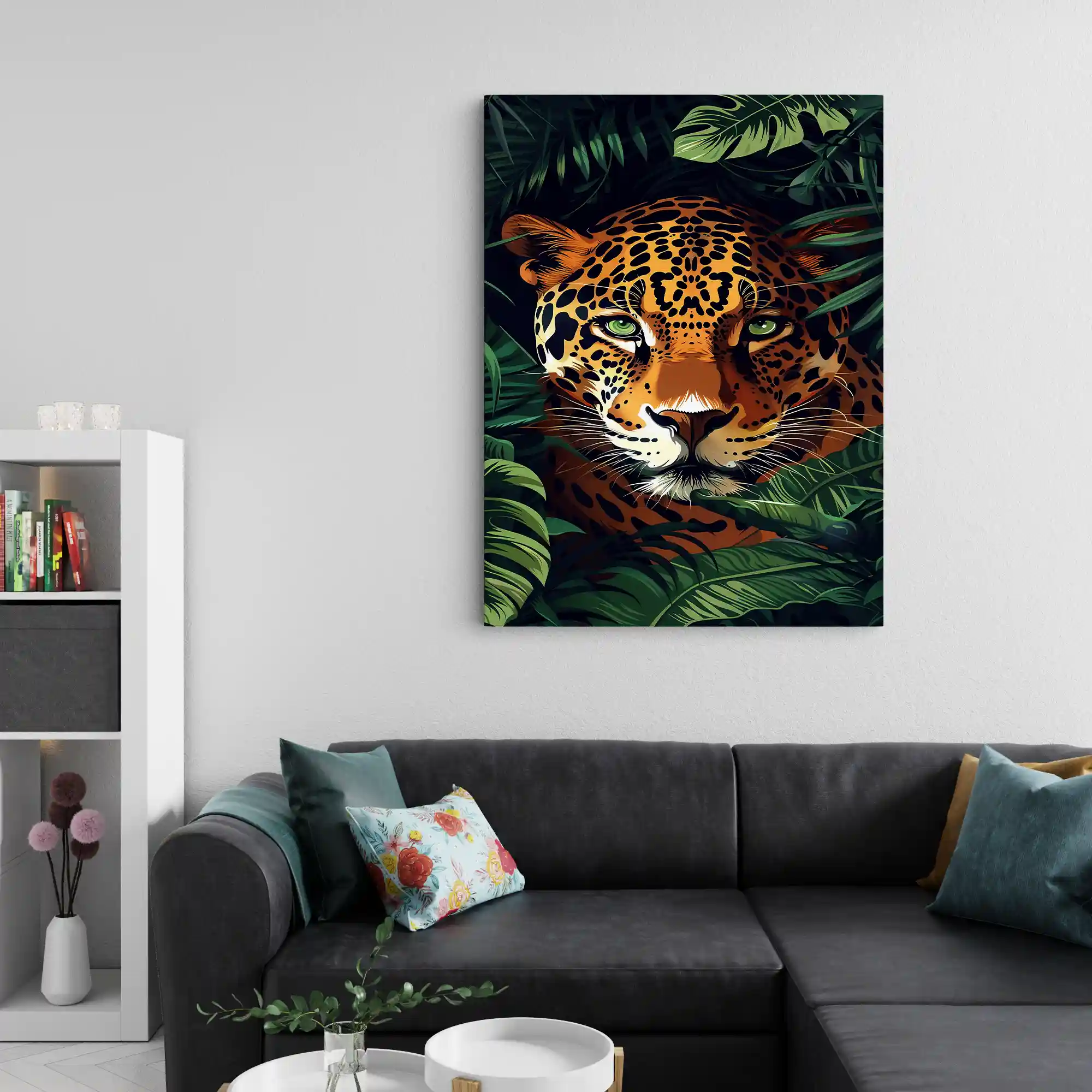 Abstract painting of a tiger in a jungle setting.