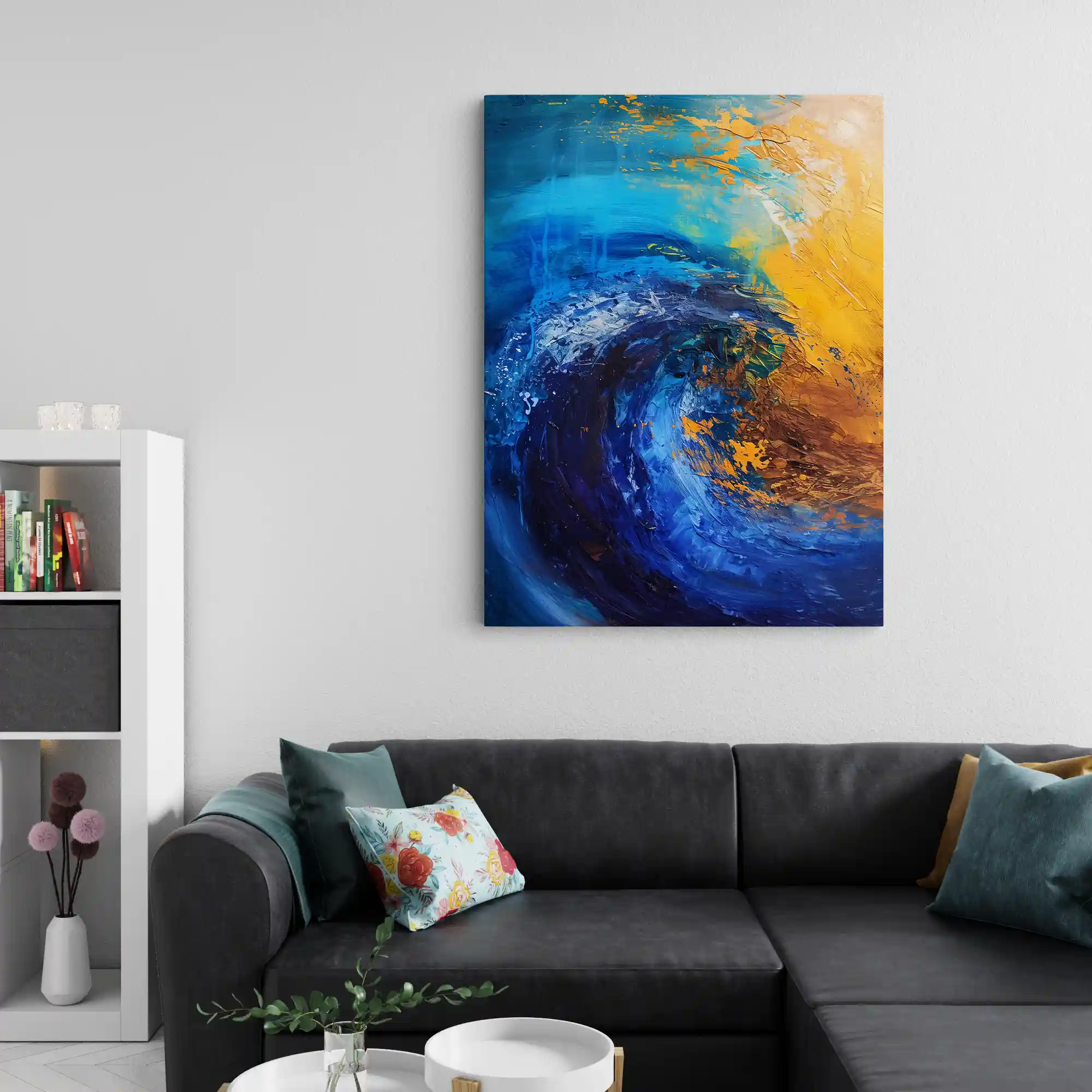 Abstract art of ocean waves crashing with dynamic energy.