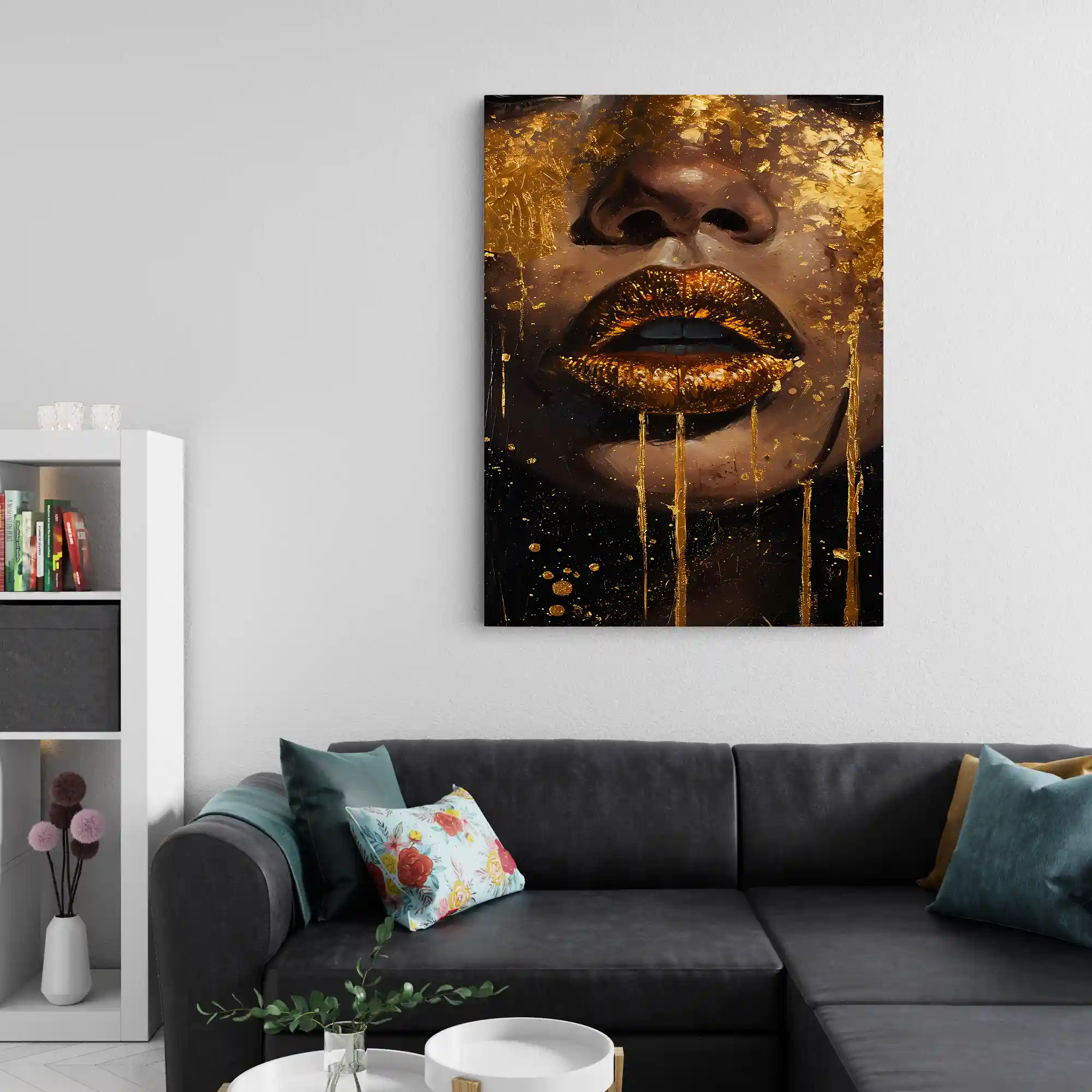 Abstract art of a face with gold accents.