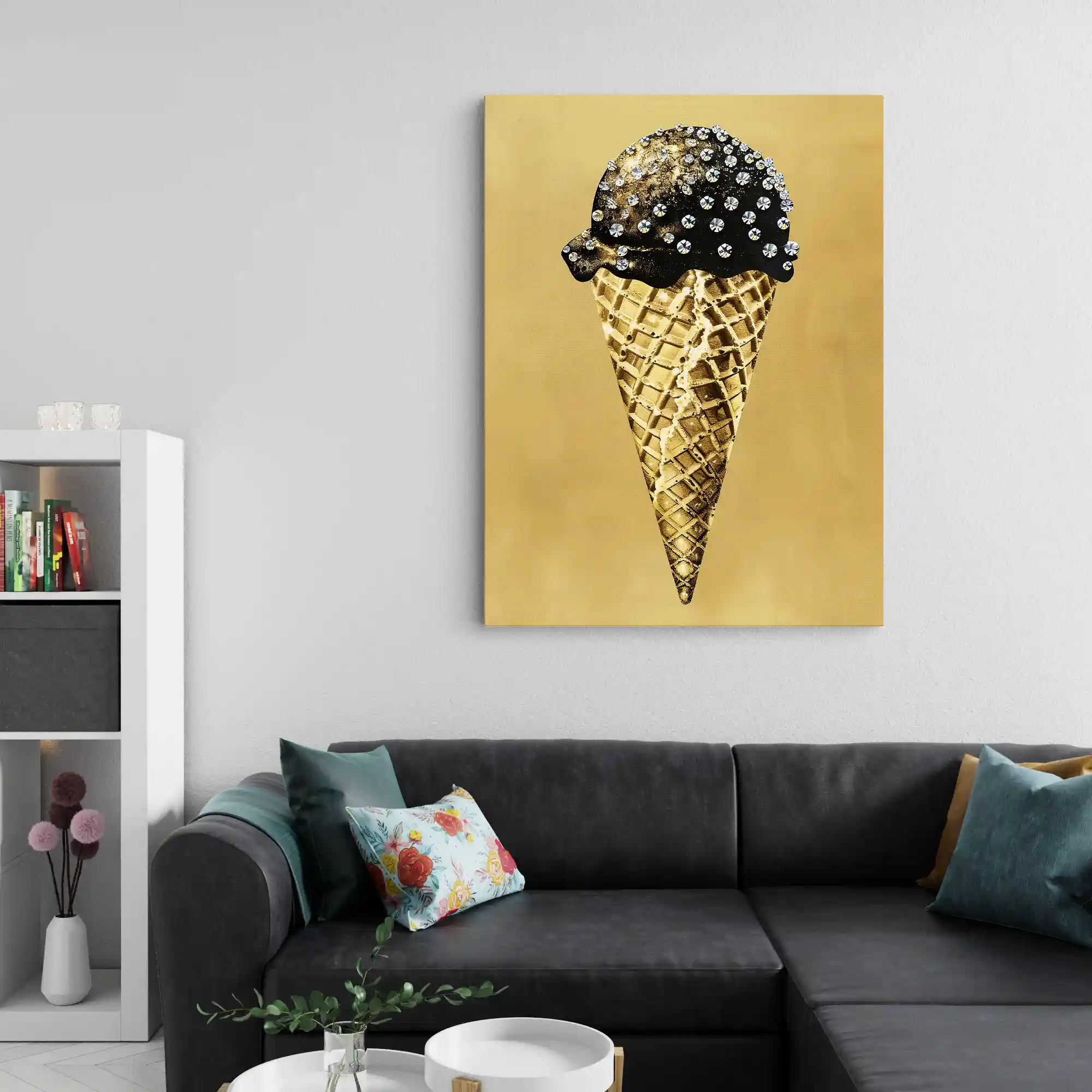 Abstract art of an ice cream cone with gold accents.