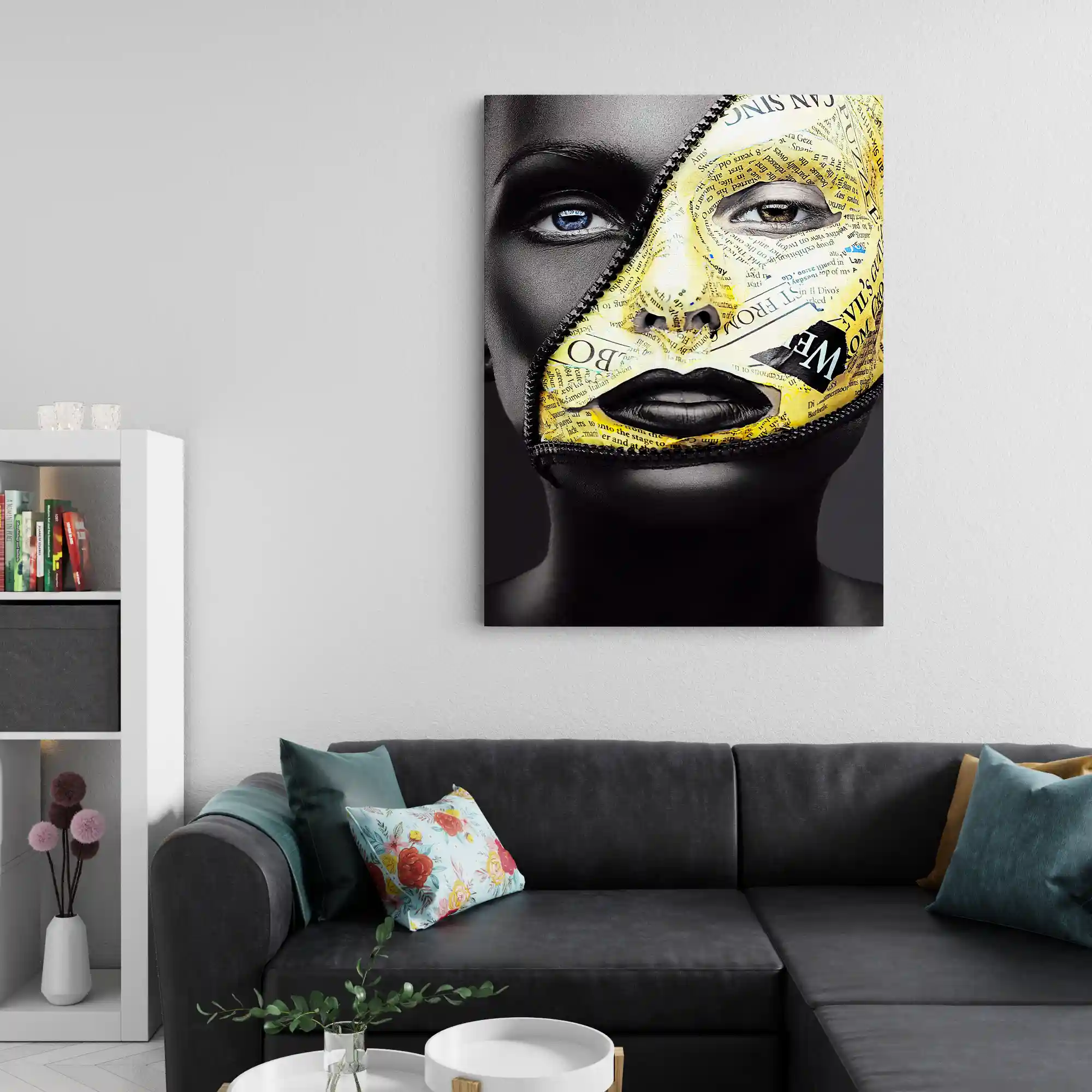 Abstract portrait of a woman with gold and black face paint.