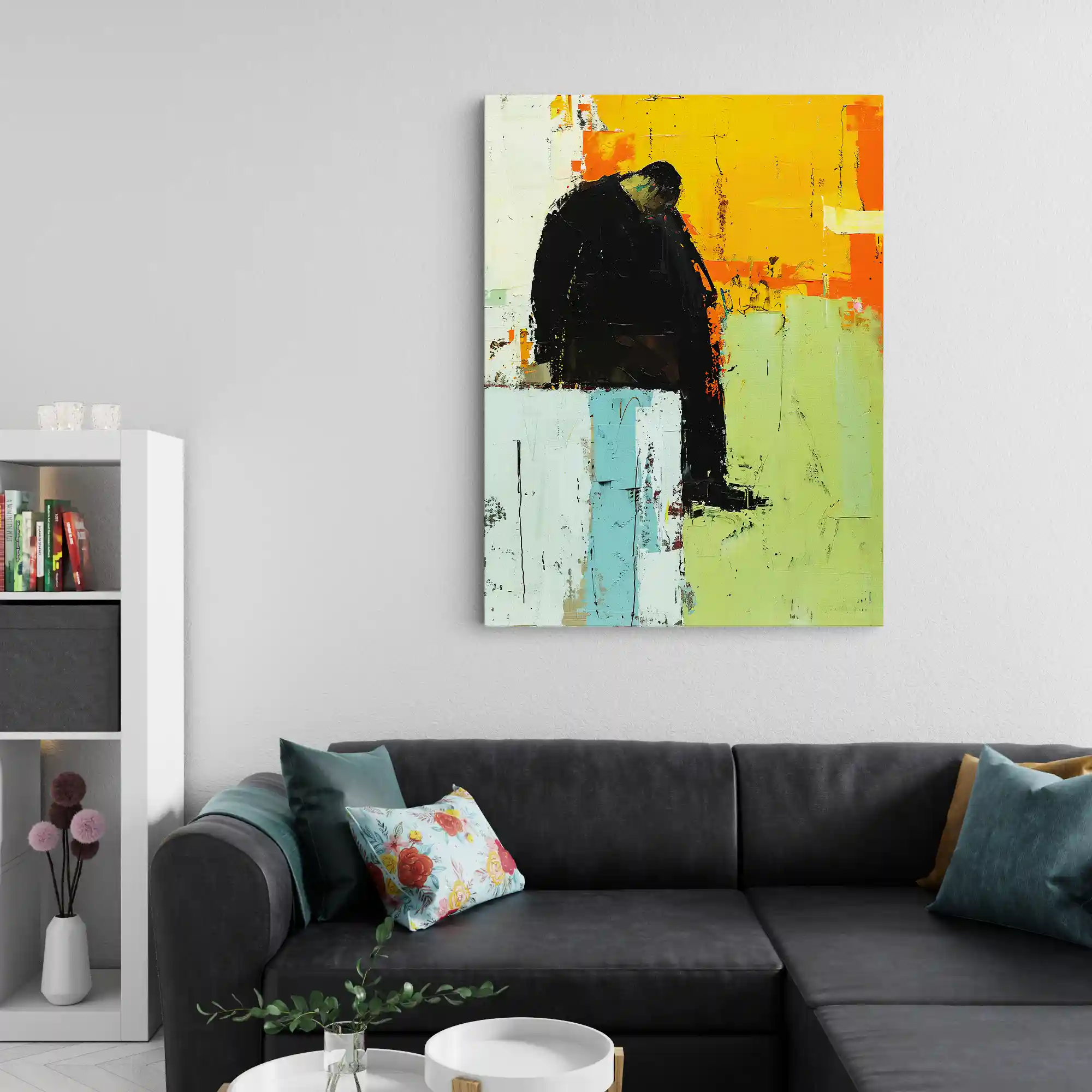 Abstract painting with urban themes and reflective surfaces.