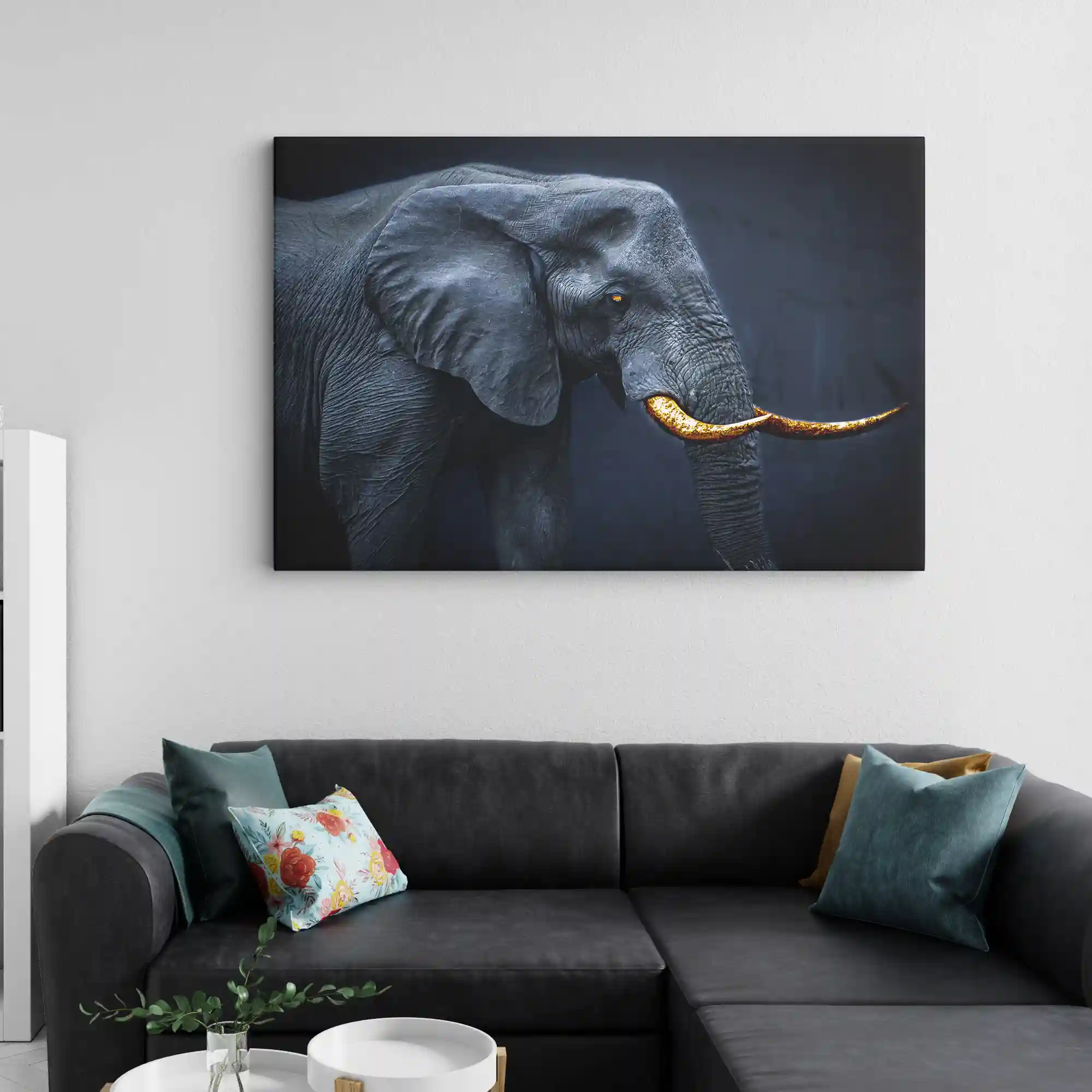 Abstract painting of an elephant with a dark background.