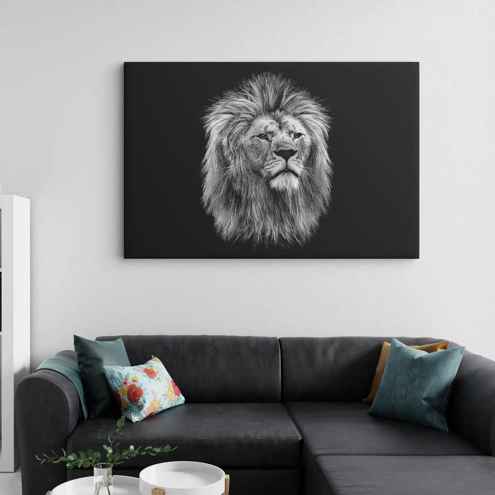 Black and white abstract art of a lion.