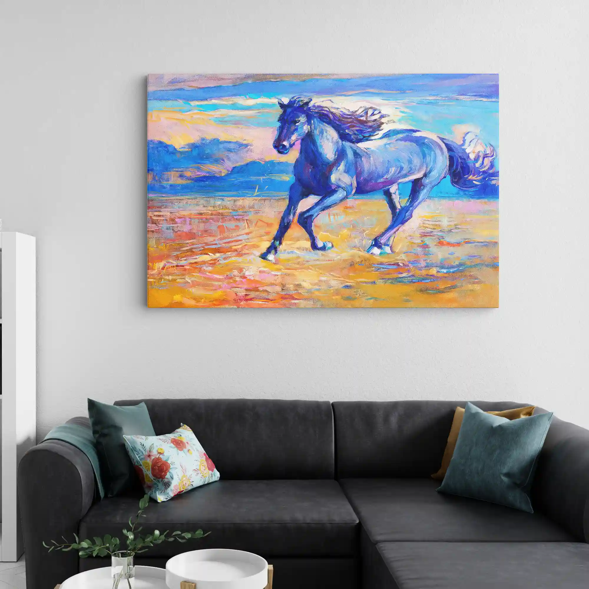 Abstract painting of a blue horse running.