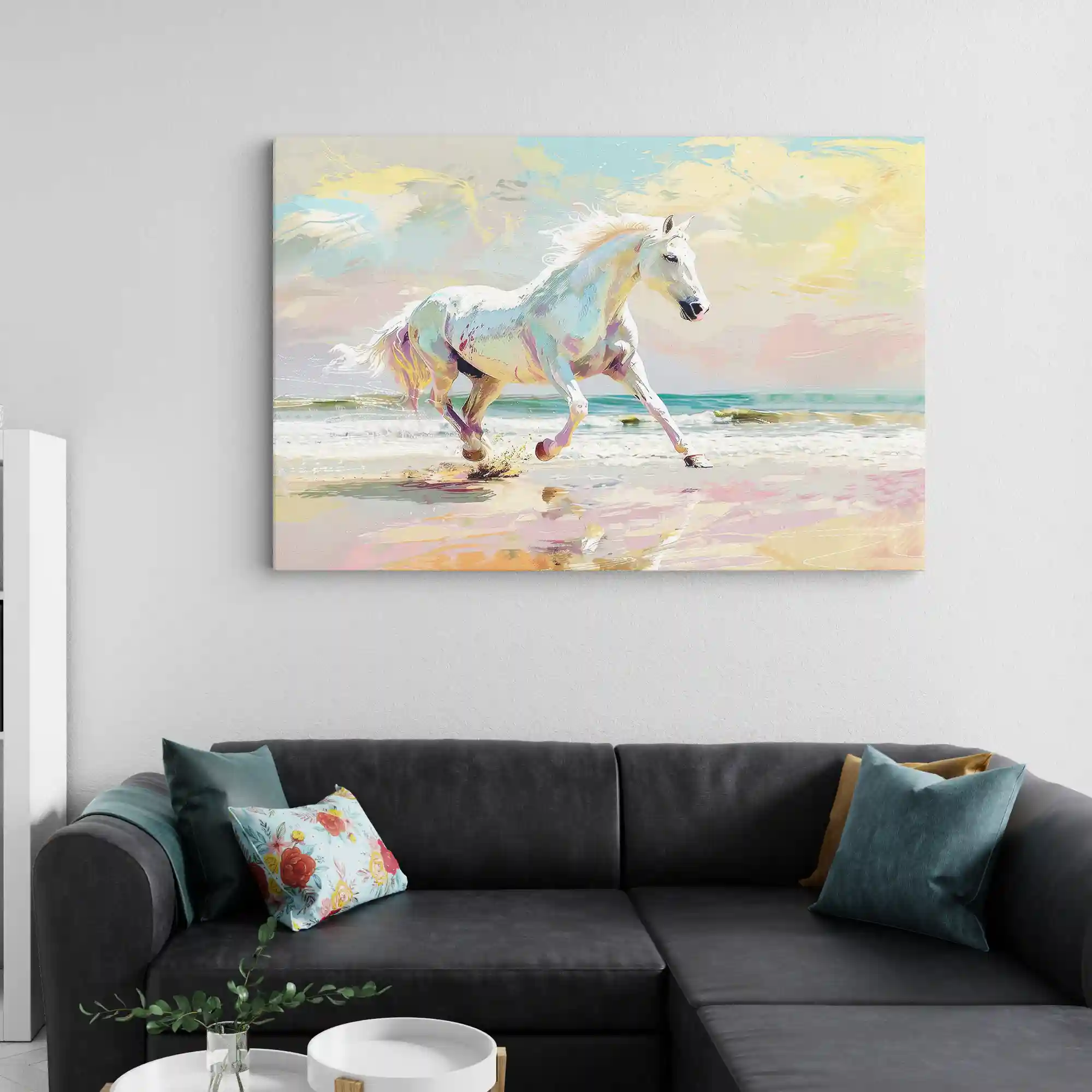 Abstract painting of horses running on a beach.