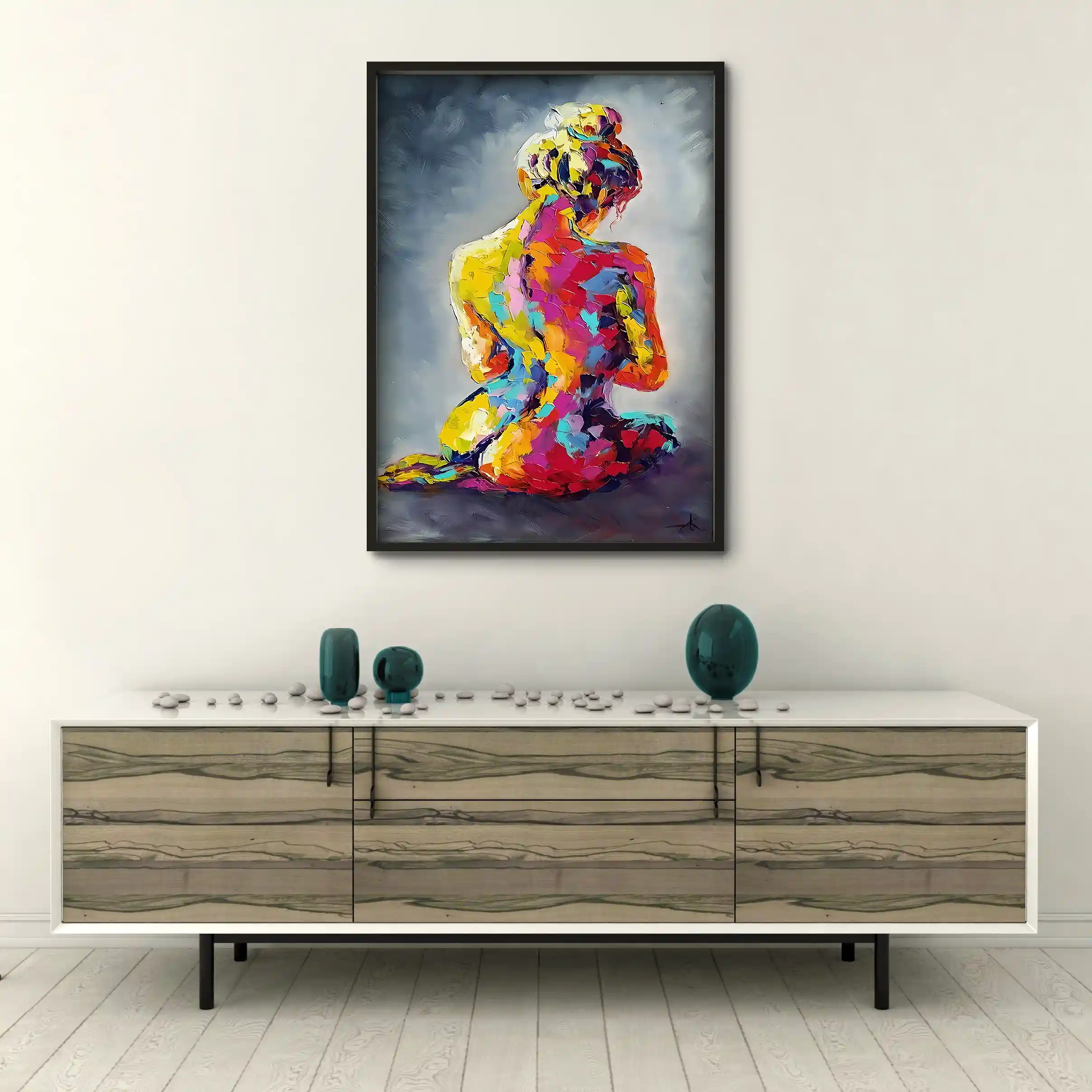 Abstract painting of vibrant figures in motion.