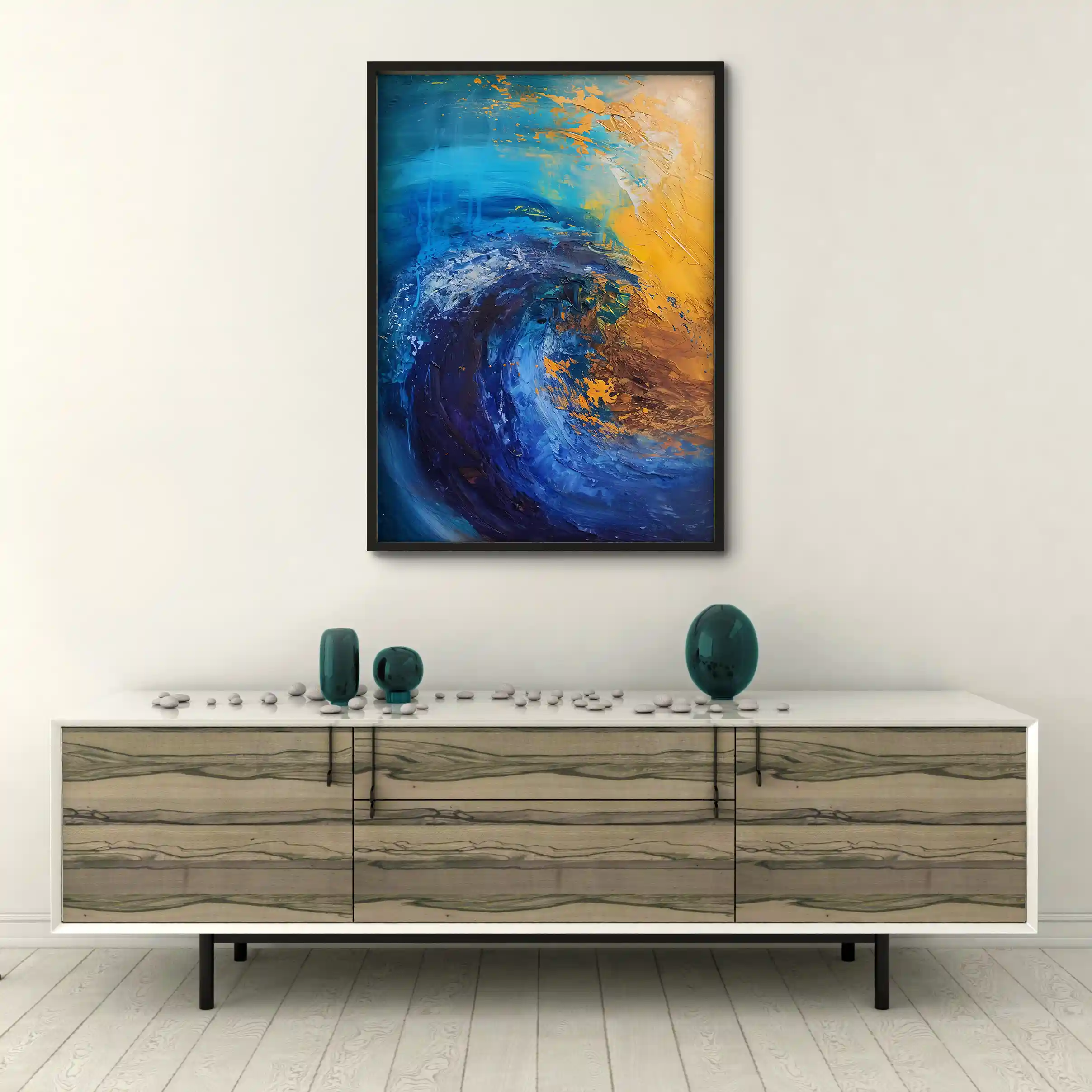 Abstract art of ocean waves crashing with dynamic energy.